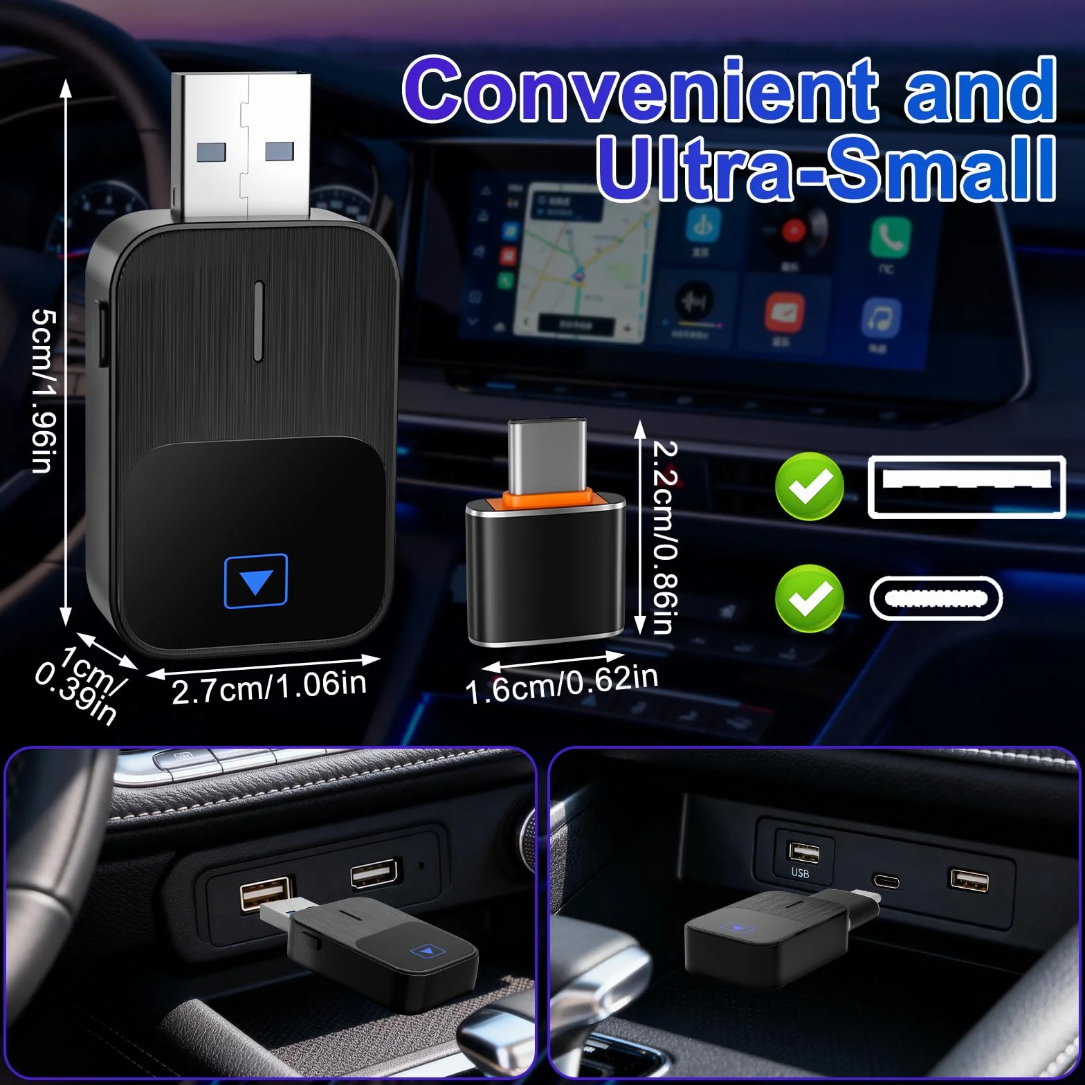 Mineup Adapter Wireless Android CarPlay, 2 in 1 Chiavetta per Convertire Cablato in Wireless, Supporta iOS 10+ e Android 11+