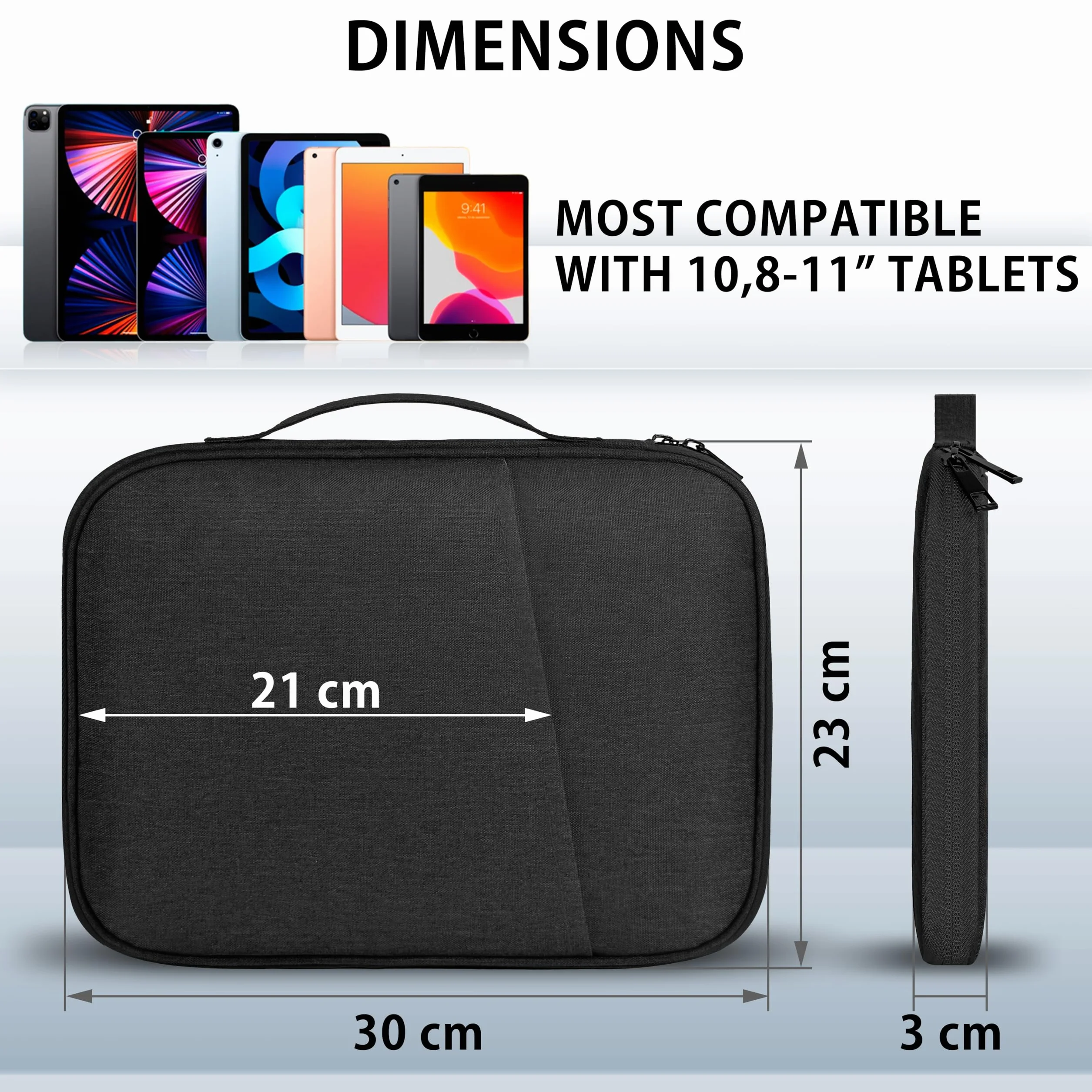 MyGadget Porta Tablet da 11 Pollici [ 30 x 23 cm ] - Custodia con Interno Morbido e Manico - Spazio per Mouse & Accessori - per iPad Pro | Air & Galaxy Tab - Nero
