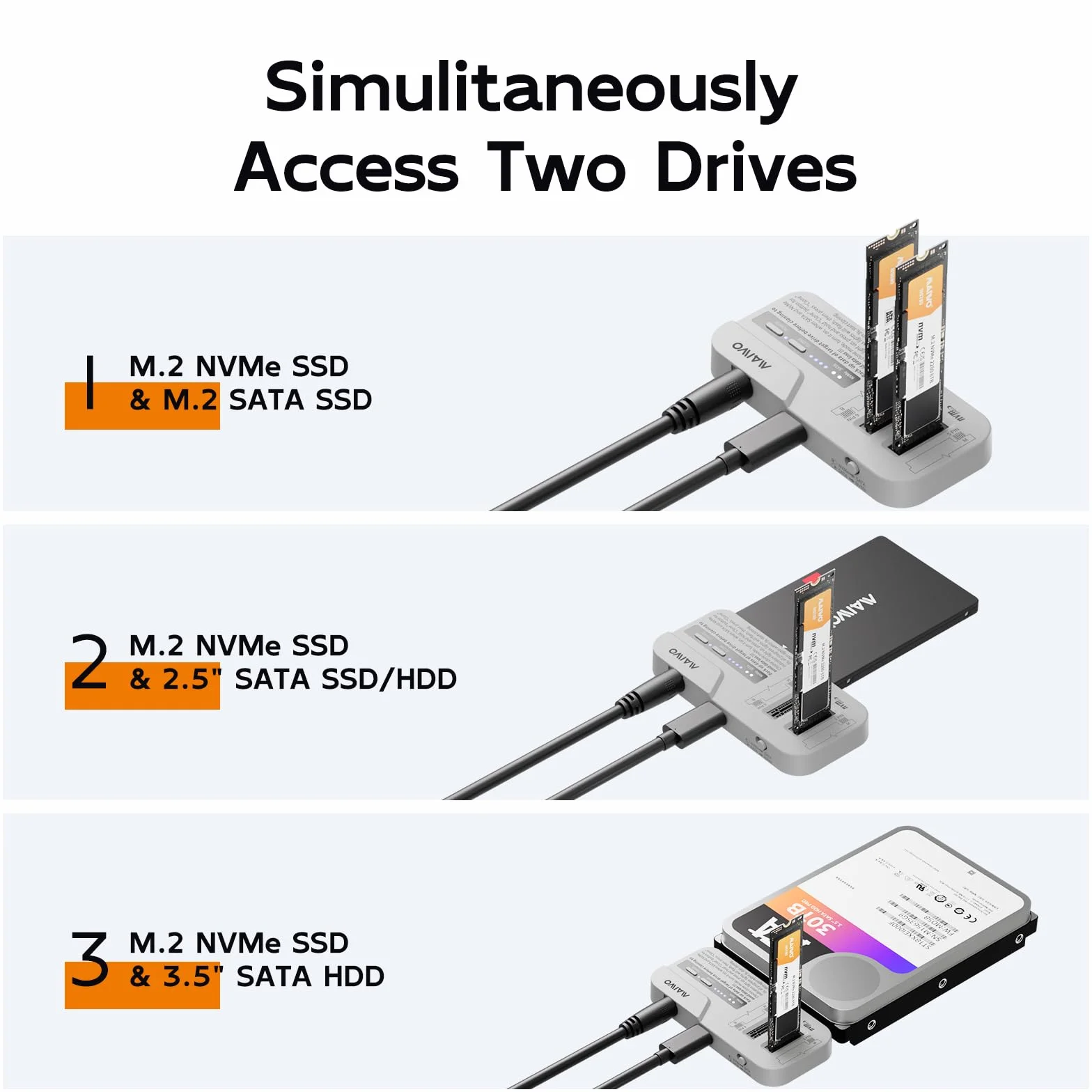 MAIWO M.2 NVMe/SATA e 2.5/3.5" SATA SSD/HDD Docking Station, Cloner per disco rigido per SSD/HDD da 2,5/3,5", adattatore M.2 SSD a USB A C Reader per chiave M Key B + M, USB3.2 Gen2x1 fino a 10 Gbps