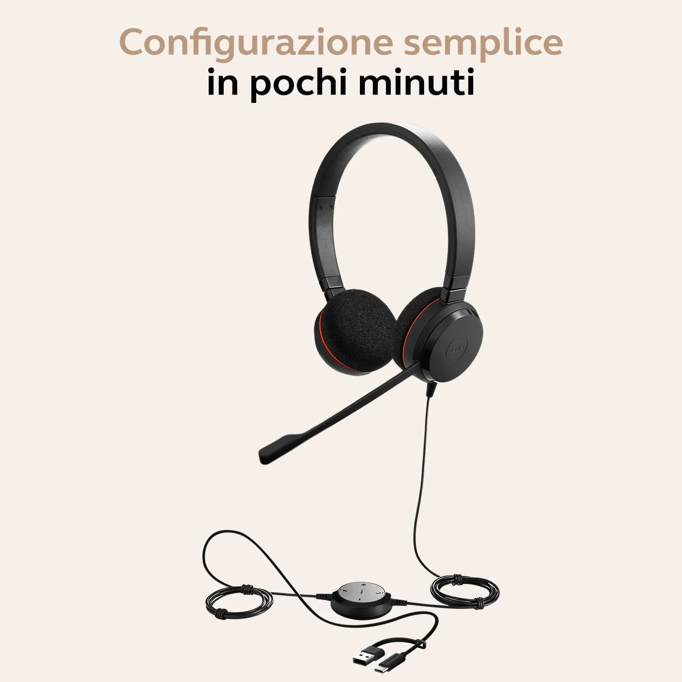 Jabra Evolve 20 - Cuffie stereo certificate Microsoft per softphone VoIP con cancellazione passiva del rumore, USB-C/A, colore nero