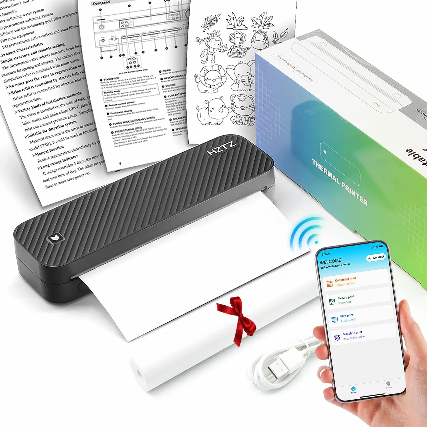 Stampante portatile senza fili, stampante termica, stampa senza inchiostro, Bluetooth e USB, supporto stampante US Brief/A4/A5, carta termica, compatibile con Android e iOS Telefono/Laptop