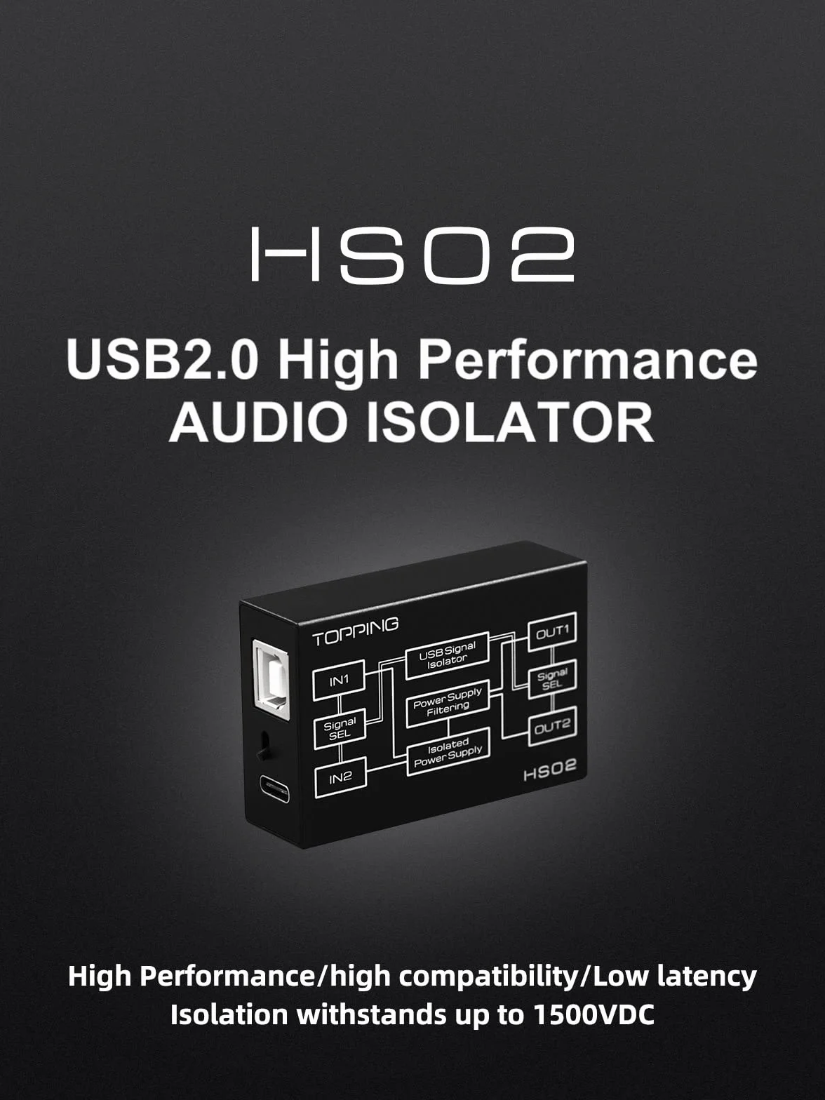 Topping HS02 USB 2.0 Isolatore audio ad alte prestazioni con ingressi USB-B e Type-C, compatibile con PCM32bit 768kHz DSD512 nativa a bassa latenza