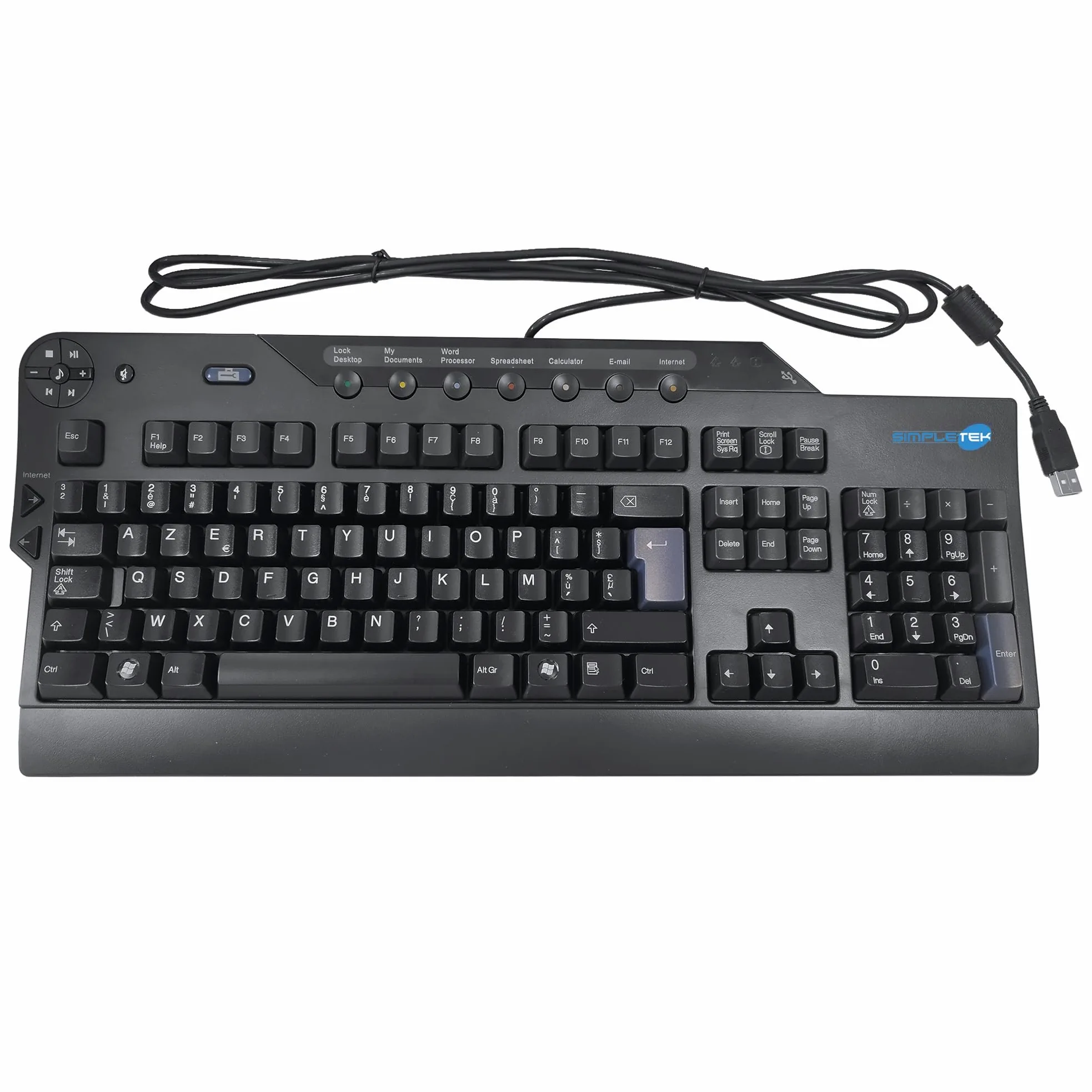 SIMPLETEK - Tastiera Multimediale USB AZERTY Belga BE Hub Poggiapolsi Nera | Tastiera programmabile USB con layout AZERTY belga, hub USB integrato per periferiche, poggiapolsi e profilo multimediale