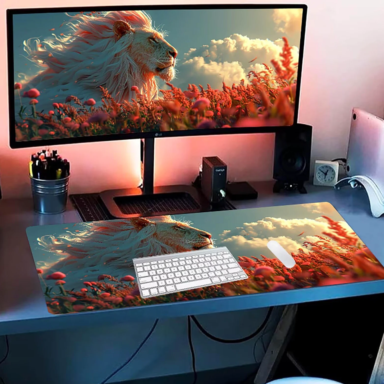 Tappetino Mouse XXL 1500 x 800 mm, Tappetino Mouse Leone, Gaming Mousepad Migliorare la Velocità e la Precisione, Mouse Pad con Base in Gomma Antiscivolo, Ufficio Accessori Gaming, Bianco 9-9250