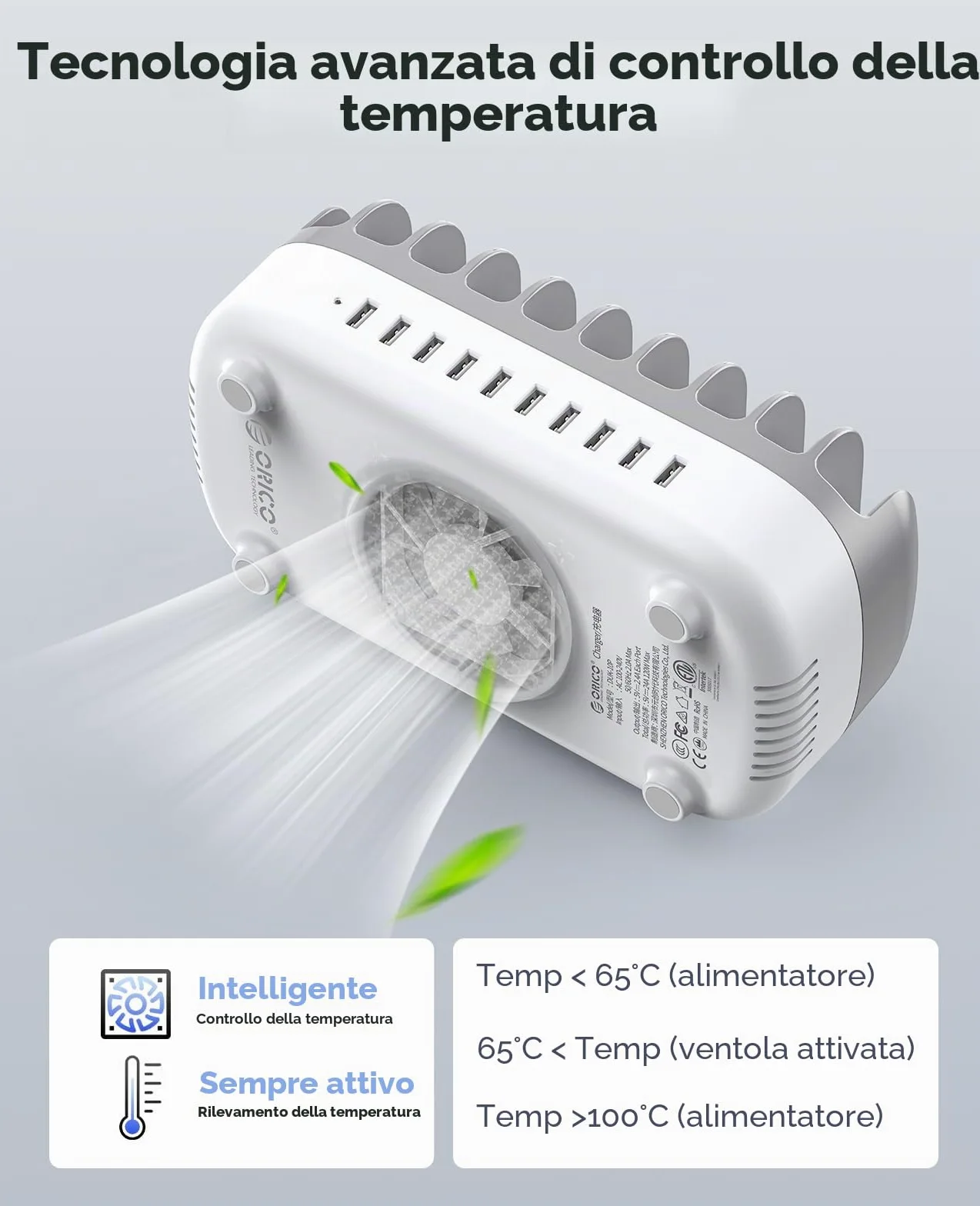 ORICO 120W Stazione di Ricarica Multi-Dispositivo, Versione Aggiornata 10 Porte USB con Ventola di Raffreddamento | Compatibile con iPhone, iPad, Smartphone Android e Tablet, Bianco