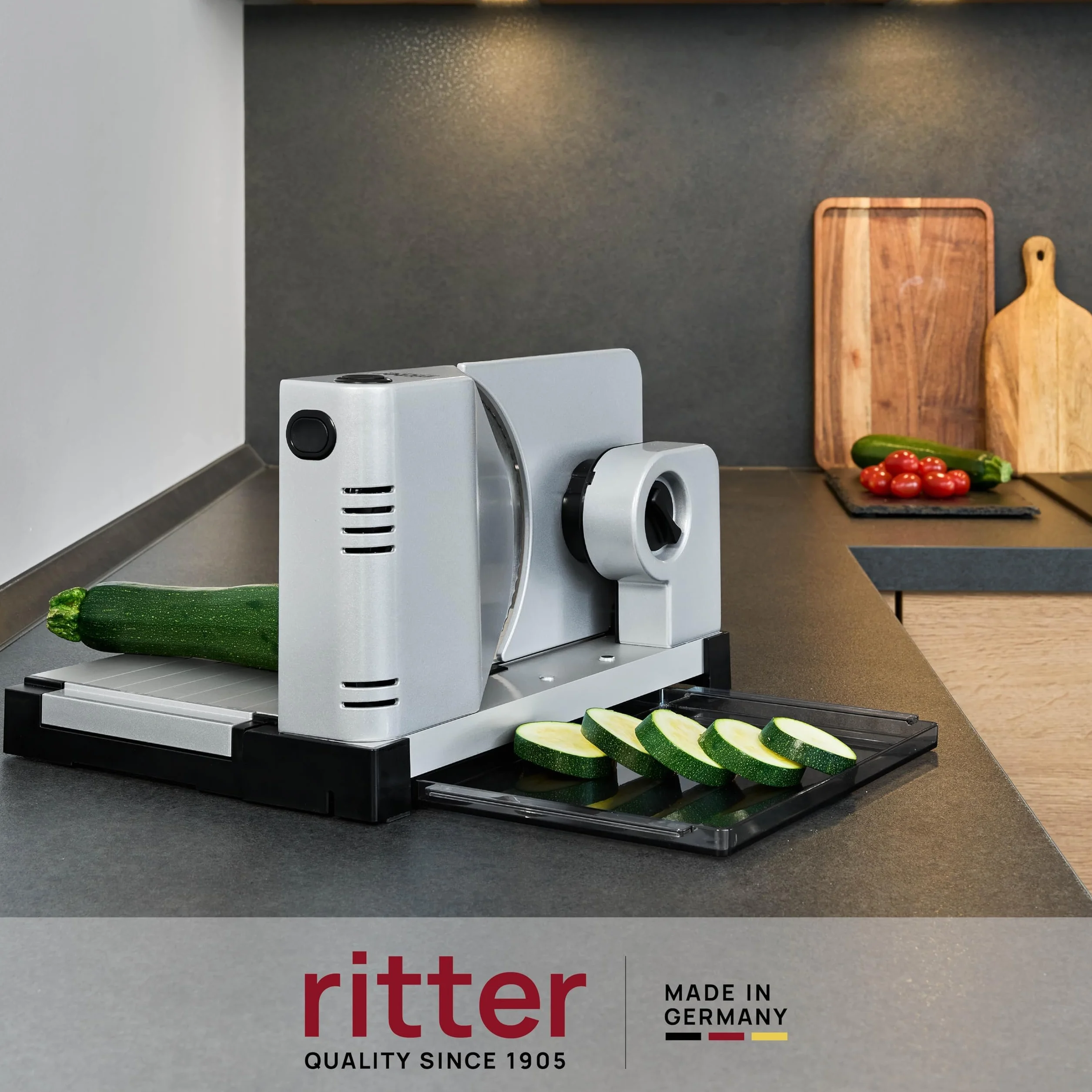 ritter icaro 7, affettatrice elettrica universale pieghevole e affettatrice per pane in metallo solido con motore ECO, Made in Germany