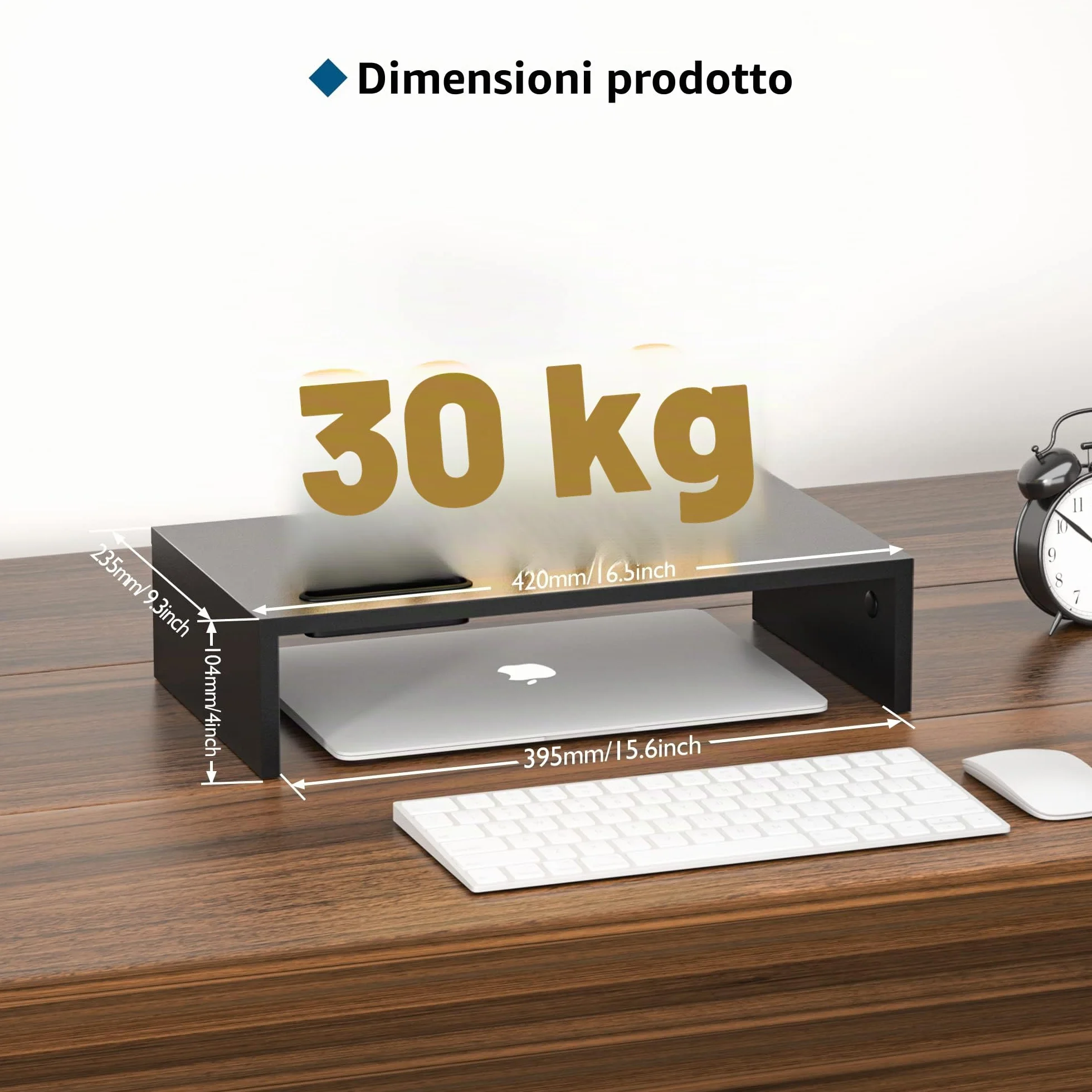 BONTEC Supporto per Monitor in Legno, per Monitor da Tavolo ergonomico per Laptop, Computer, Notebook, iMac, Stampanti, Portata Fino a 30 kg, W420 x D235 x H104mm, Nero