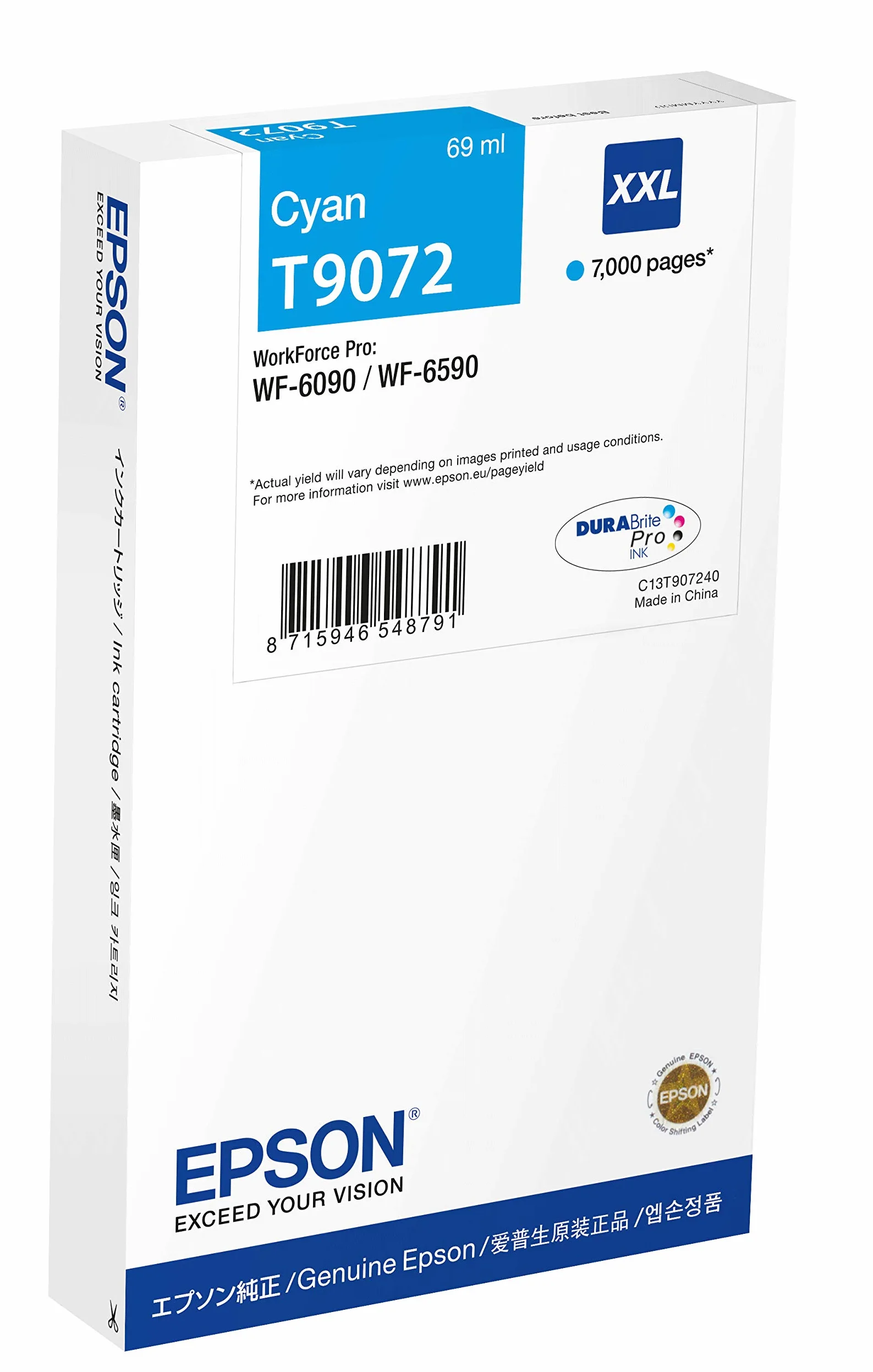 Epson C13T907240 (T9072) - Cartuccia d'Inchiostro XXL Ciano, 7000 pagine, 69 millilitri per WF-6090/WF-6590