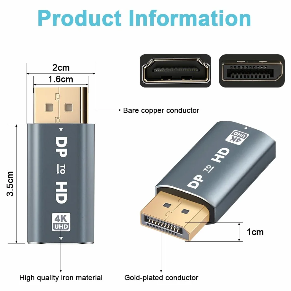 AXFEE 2 Pezzi Adattatore DisplayPort a HDMI 4K, Risoluzione 4K@30hz DP Maschio a HDMI Femmina Convertitore, hdmi Adattatore Displayport, per HDTV, Monitor, Proiettori, Portatili, Desktop
