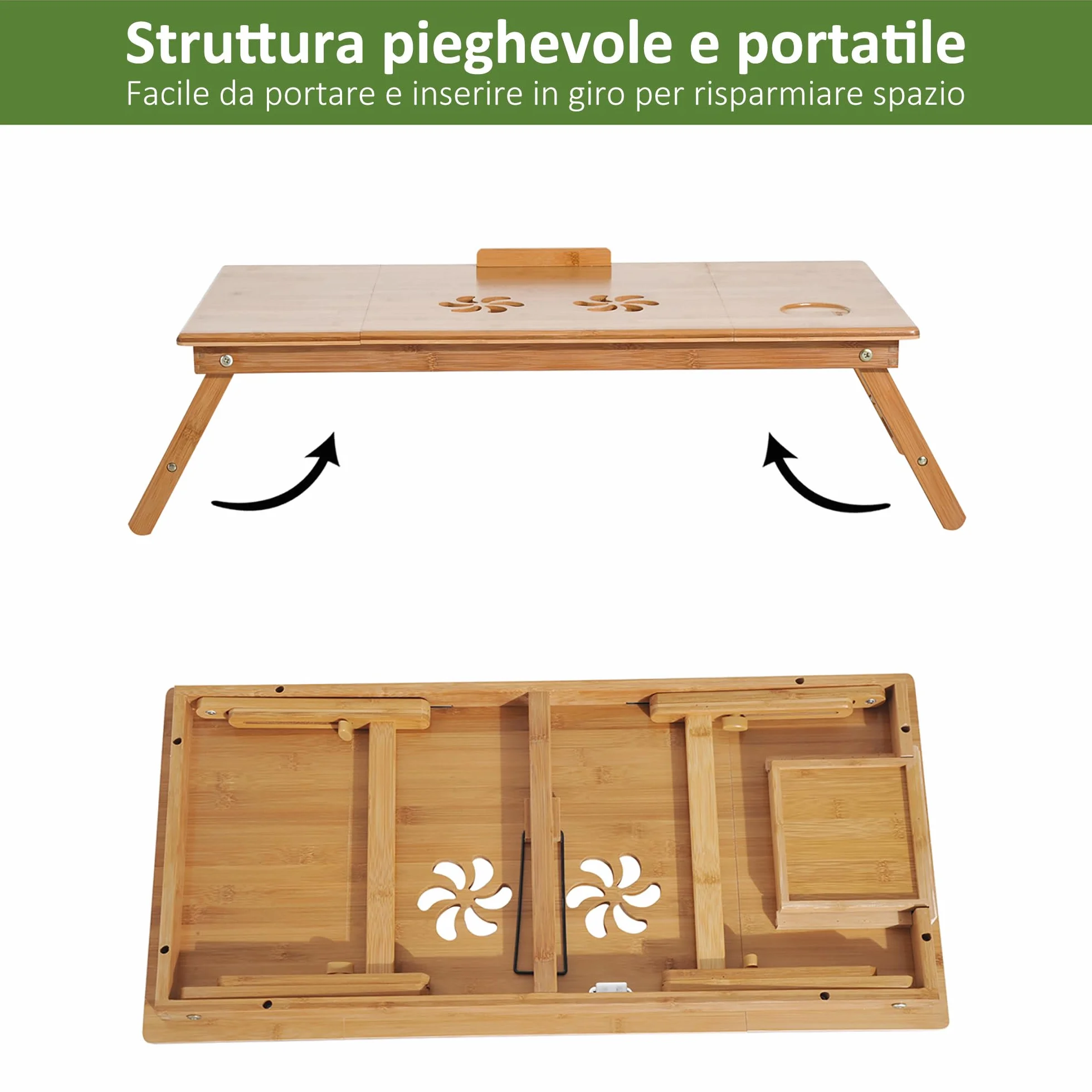 HOMCOM Tavolino da Colazione a Letto, Tavolino da Letto per PC Pieghevole, Supporto per PC da Camera, Regolabile, Inclinabile, Cassetto, Gambe Pieghevoli, 72x35x22-30, Colore Legno
