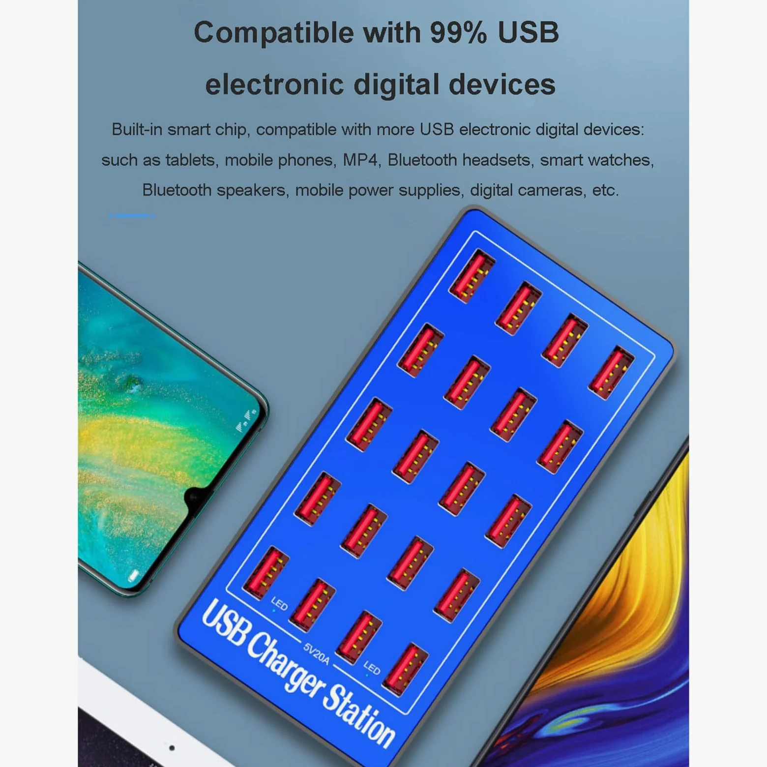Stazione di Ricarica USB, Stazione di Ricarica USB da Tavolo a 20 Porte da 100 W, Caricabatterie Intelligente USB Multifunzione per Smartphone, Tablet, ventole USB, Mouse e tastier