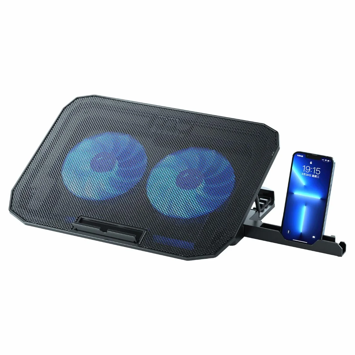 NK Laptop Cooler Stand Ventola per computer portatili 12-17 pollici 5 supporti regolabili 2 ventole silenziose 2 porte USB raffreddamento rapido LED blu nero