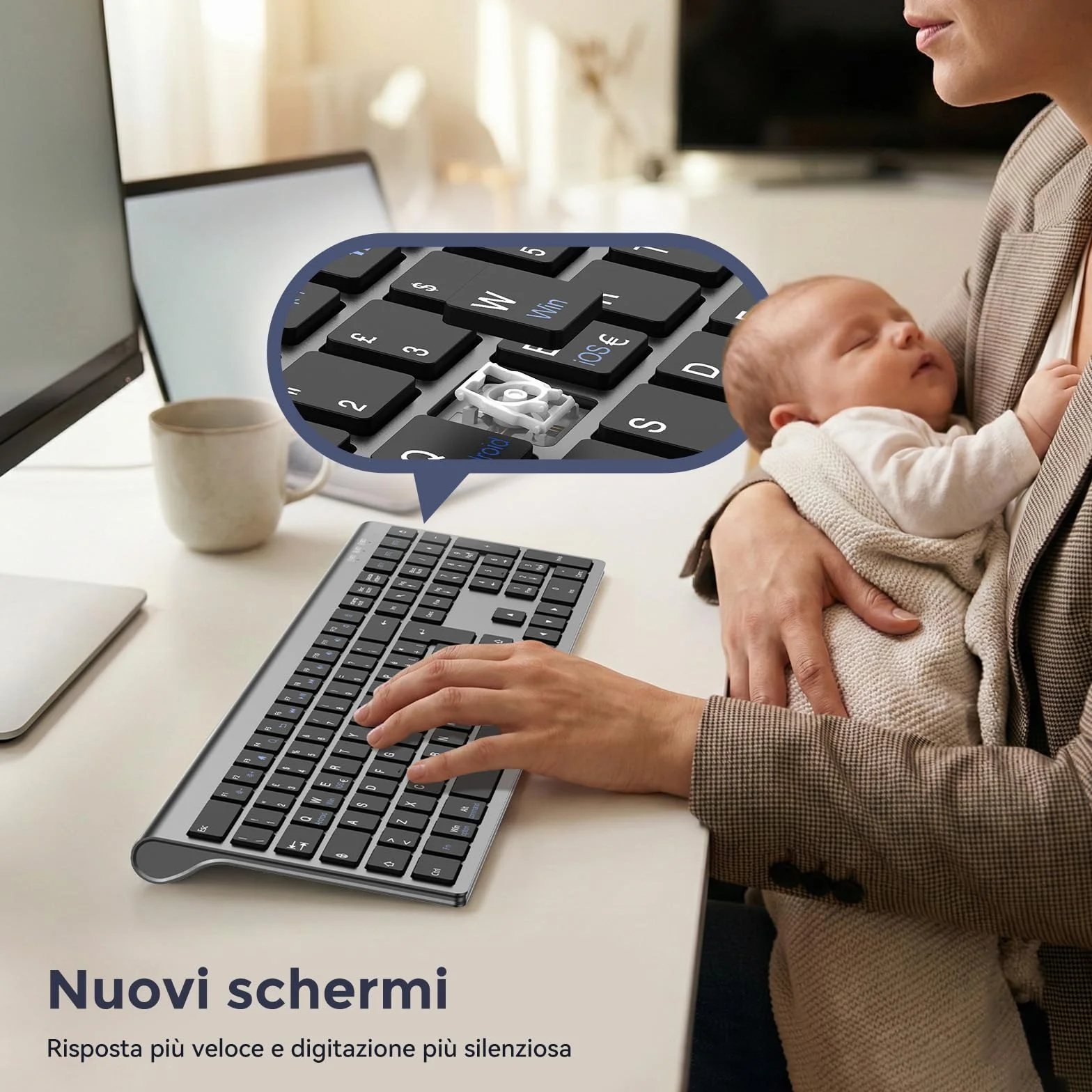 cimetech Tastiera wireless Bluetooth, Tastiera wireless ricaricabile multi-dispositivo con connessione facile fino a 3 dispositivi - Layout italiano, tasti silenziosi Compatibile con Mac, Windows, iOS