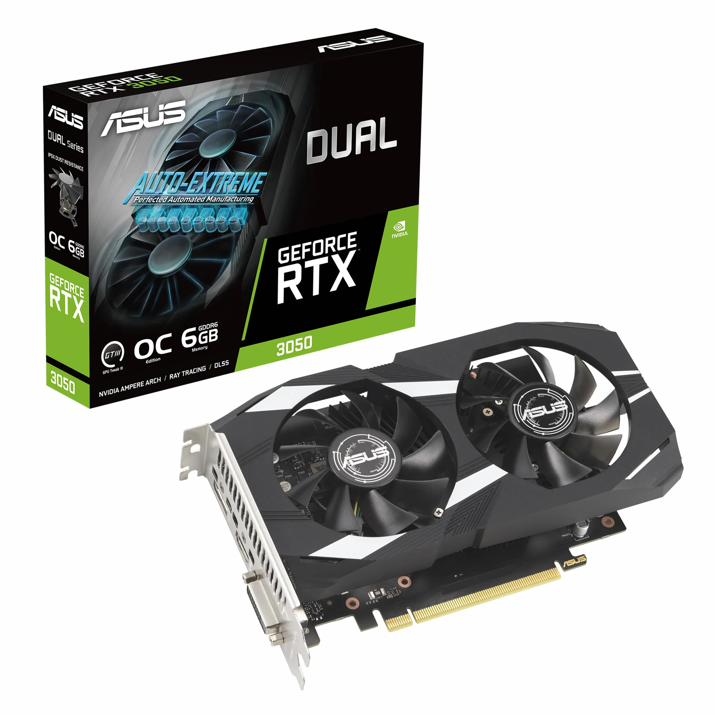 ASUS DUAL NVIDIA GeForce RTX 3050 OC Edition Scheda Video 6 GB GDDR6, Multiprocessore Streaming NVIDIA Ampere, Resistenza alla Polvere IP5X, Auto-Extreme, GPU Tweak III, Nero, DUAL-RTX3050-O6G