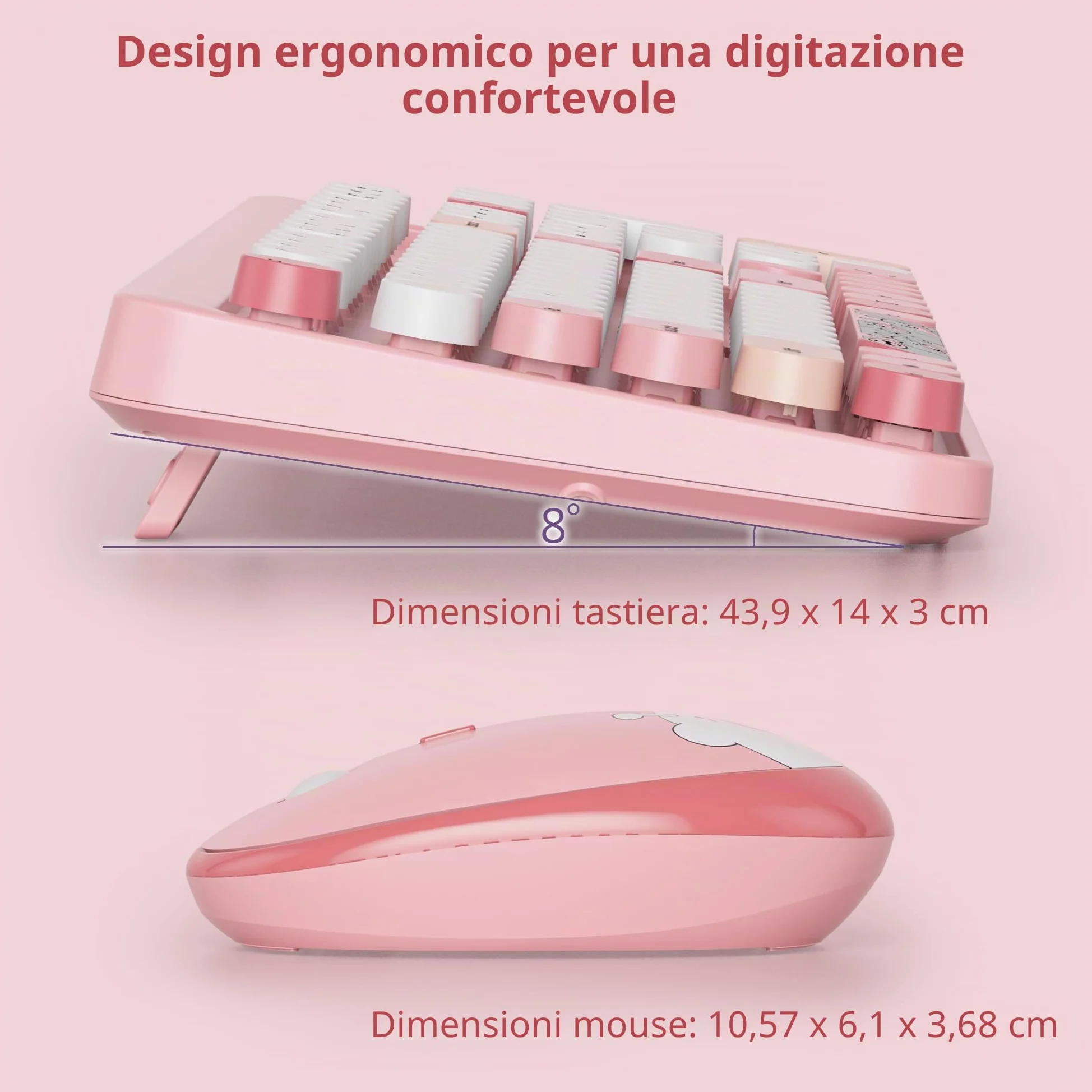Tastiera e Mouse Senza fili, Americana QWERTY，Cute Tastiera Wireless con Tastierino Numerico, 2.4 GHz Retro Macchina Da Scrivere Full-size with Tasti Rotondi（Bear Pink）