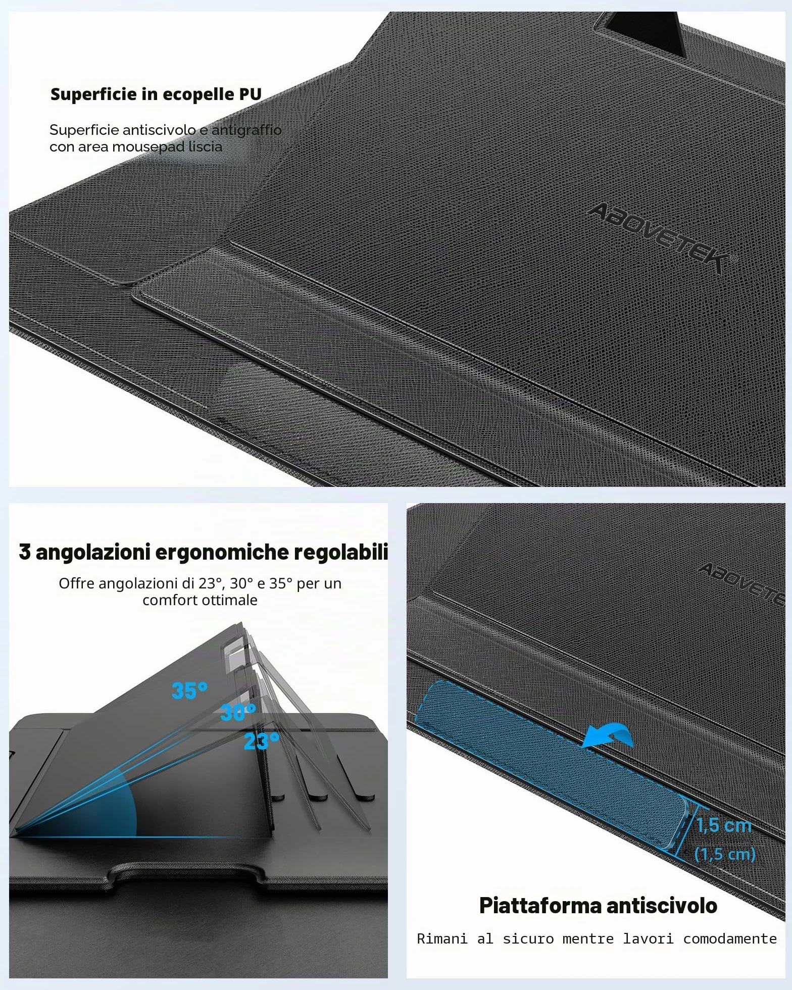 AboveTEK Vassoio Portatile per PC Portatili con Tappetino per Mouse Retraibile a Destra, 3 Angolazioni Ergonomiche, Scudo Termico Antiscivolo, Supporto Portatile per Laptop per Letto, Divano, Viaggi