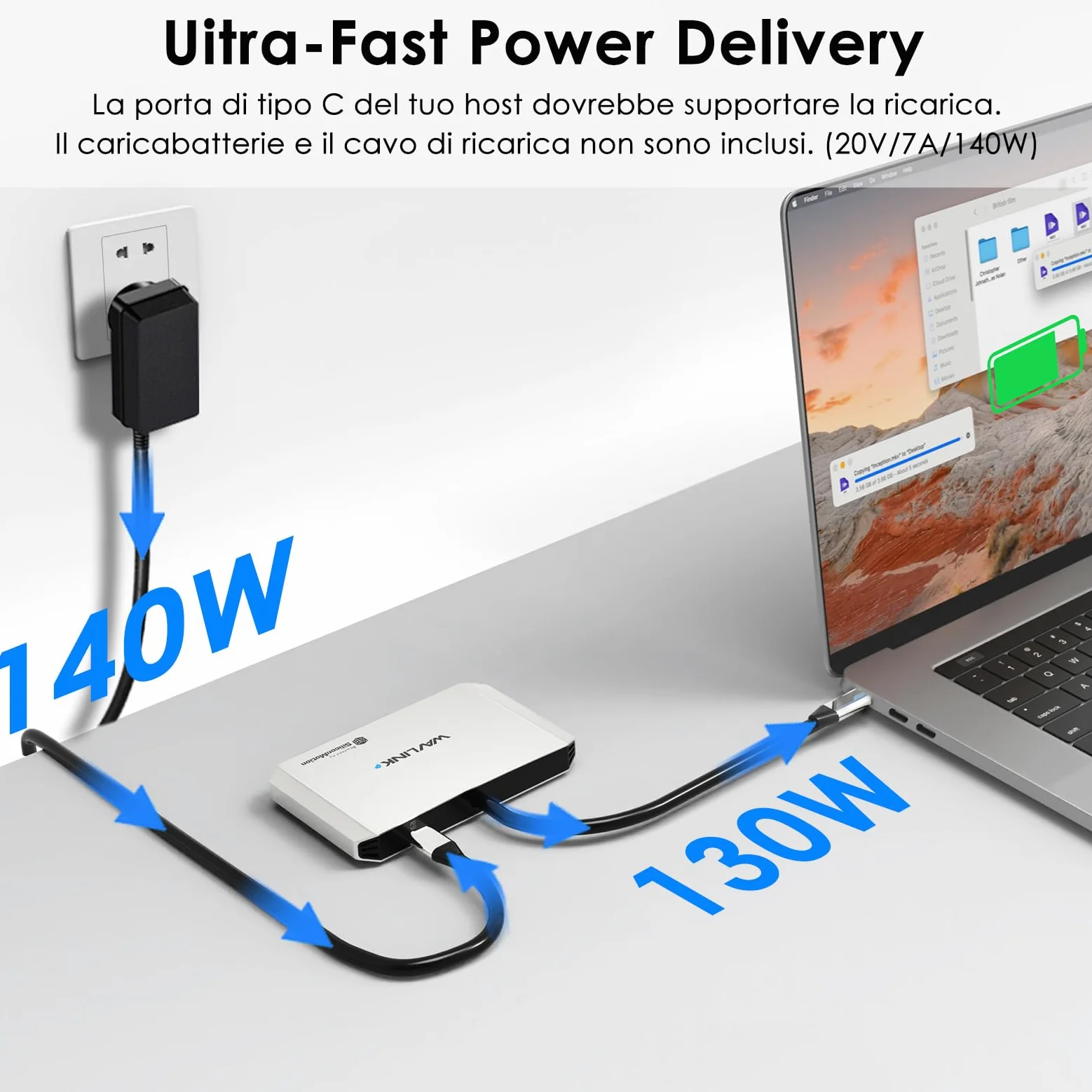 WAVLINK Adattatore da USB C a HDMI, adattatore per quattro monitor per sistemi macOS M1/M2/M3/M4, ingresso PD da 140 W, 4 HDMI, uscita quadrupla 4K, driver SMI e host USB 3.2 richiesti