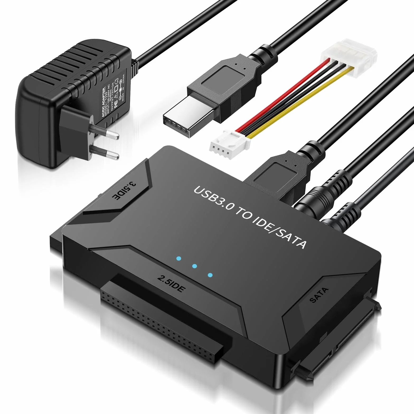ADATTATORE IDE/SATA a USB 3.0 per HDD 2,5/3,5 pollici su Windows 11/10/8/7/XP/Vista, Mac OS, Linux con cavo SATA e USB, alimentatore 2A