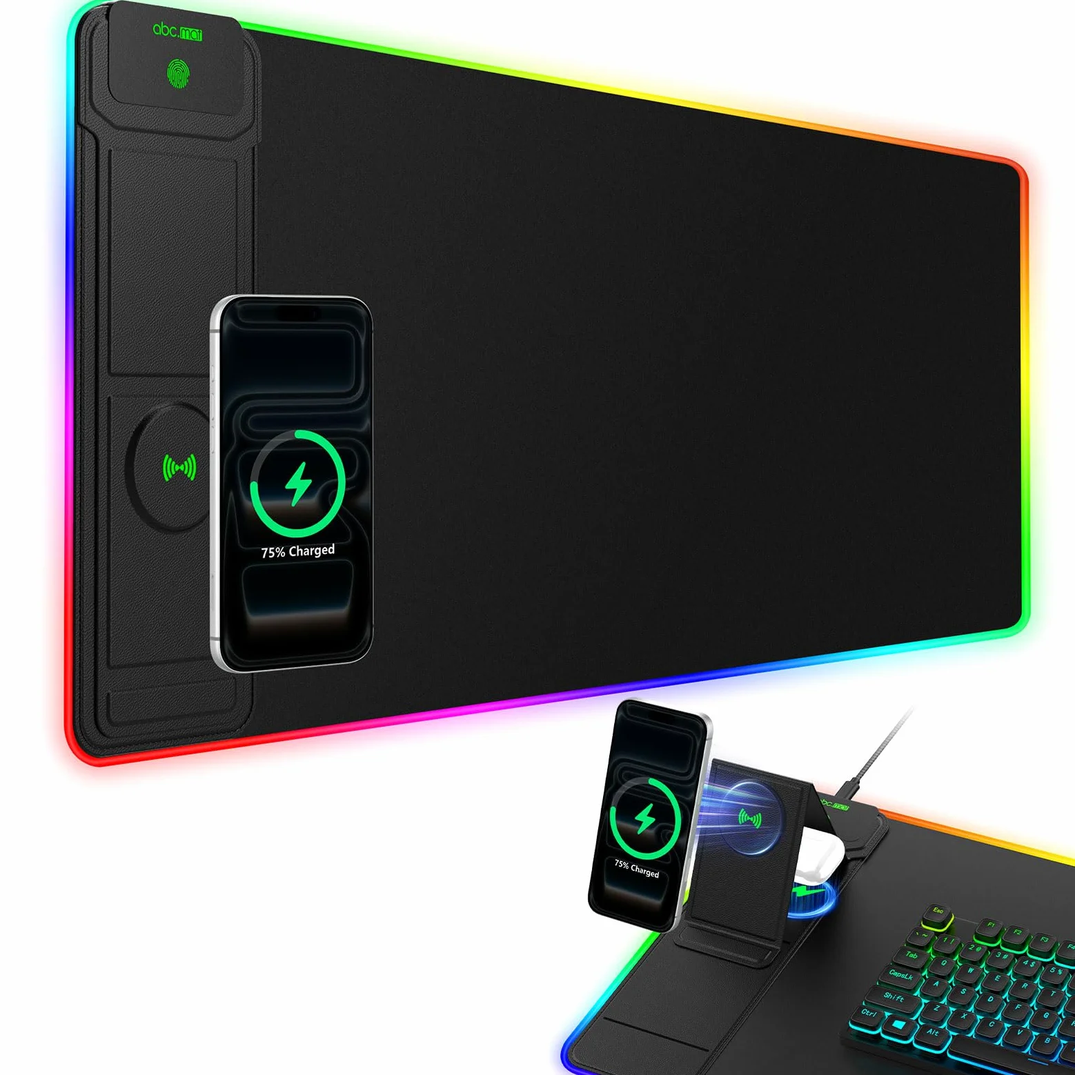 Tappetino per mouse da gioco XXL RGB LED con caricabatterie wireless magnetico e supporto pieghevole per telefono, 80 x 30 cm, tappetino da scrivania ultra liscio, 25 effetti di luce, base antiscivolo