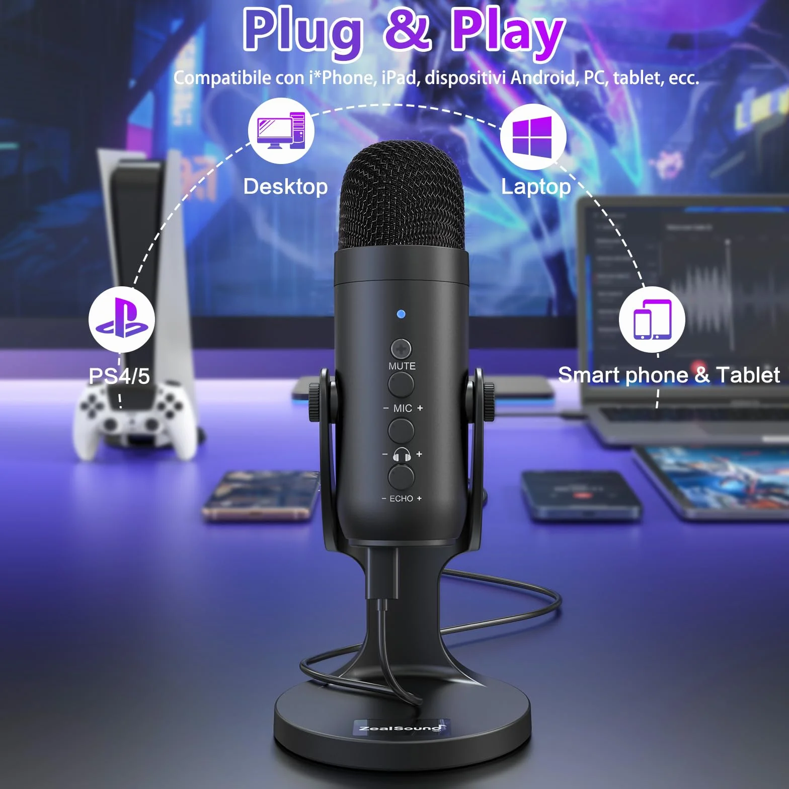 zealsound Microfono PC, Microfono a Condensatore per Phone Pad Computer, Laptop, Telefono, Muto, Echo, Riduzione del rumore, Cardioide Mic per Streaming, ASMR, Gaming, Podcast, YouTube, Twitch, nero