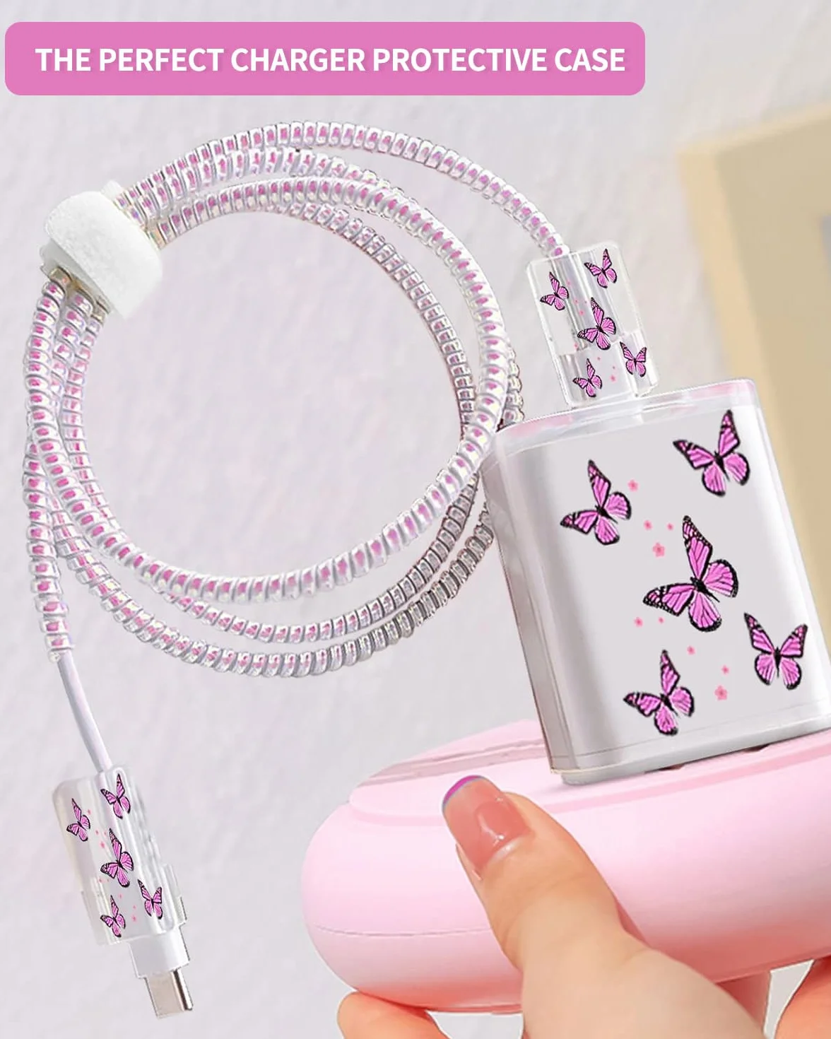 Protezioni a Forma di Fiore, Kits di Cavi Protezioni Compatibile con iPhone, Protettivi per Caricabatterie USB-C per Donne, Antigoccia Impedisce de Cavo Linee Dati, Anti-Rottura da Gatto(Rosa)