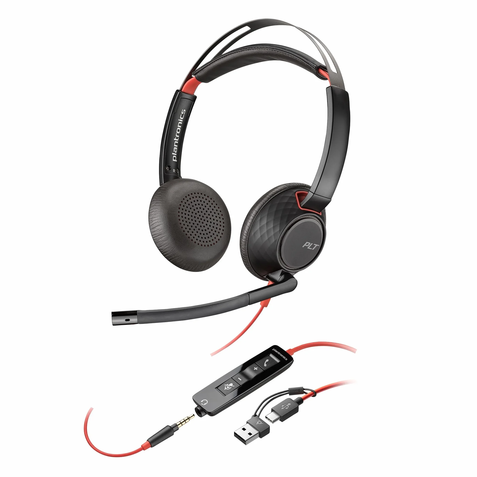 Poly Blackwire 5220, Cuffia Cablata con Connessione USB-A, USB-C, AUX 3,5 mm, Cuscinetti in Similpelle, Riduzione del Rumore e dell'Eco, 2024,Comandi sul Cavo, Compatibile con Windows 10 e macOS, Nero