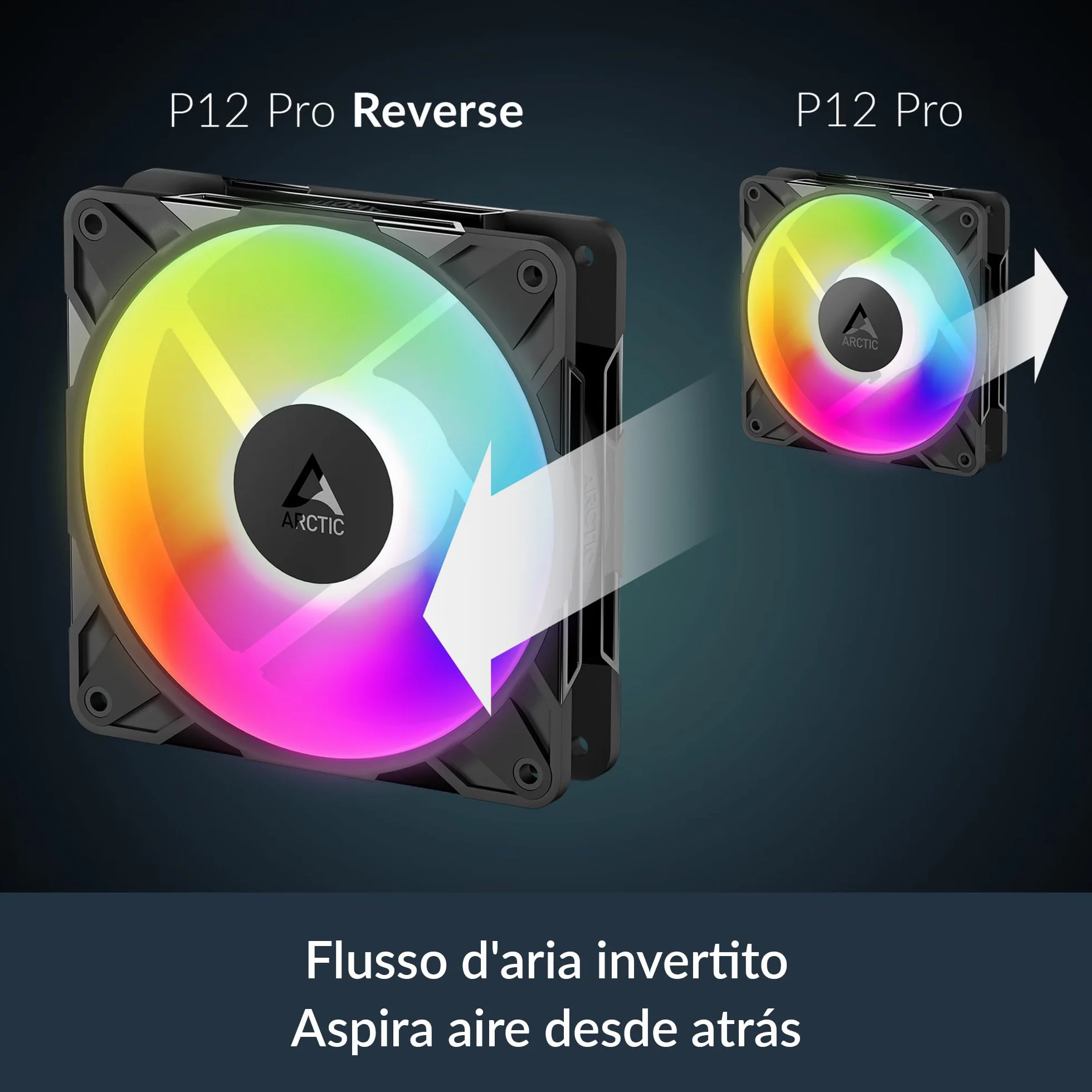 ARCTIC P12 Pro Reverse A-RGB – 3 Pack – 120 mm Ventola Premium con flusso d’aria inverso, Ventole PWM con splitter per cavo a Y, 500-3000 rpm, 0 rpm <5% PWM, 5V Digital RGB, FDB, 4-Pin - Nero