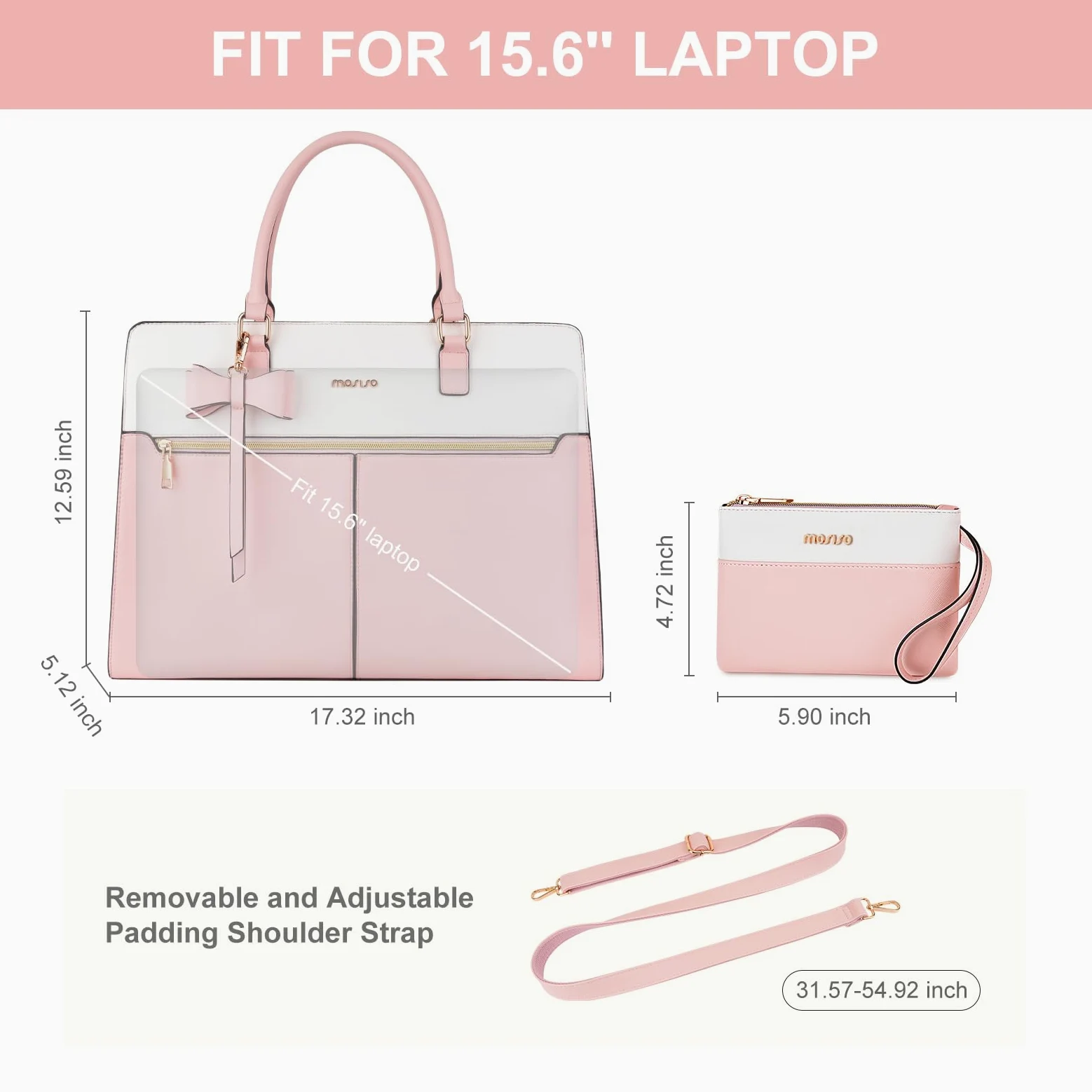 MOSISO Borsa Tote Laptop Donna, 15.6 Pollici Lavoro Pelle PU Impermeabile con Pochette e Fiocco, Borse a Mano Grande Capacita, Borsa a Tracolla Computer, Valigetta Lavoro Ufficio, Insegnante,Rosa
