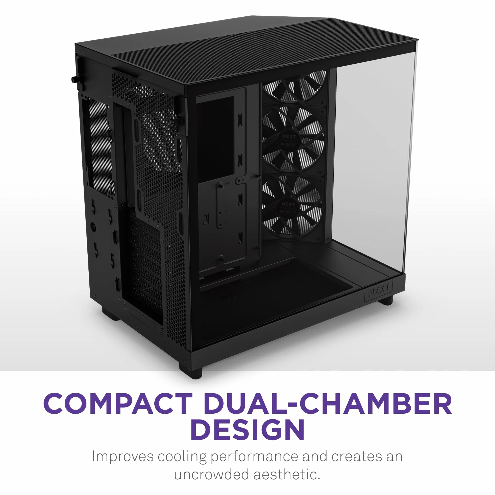 NZXT H6 Flow, CC-H61FB-01, Case Mid-Tower Compatto a Doppia Camera con Flusso d'Aria, Pannelli in Vetro Panoramico, Flusso d'Aria ad Alte Prestazioni, Include 3 Ventole da 120 mm, Nero | Case ATX compatto a doppia camera con vetro panoramico e 3 ventole 1