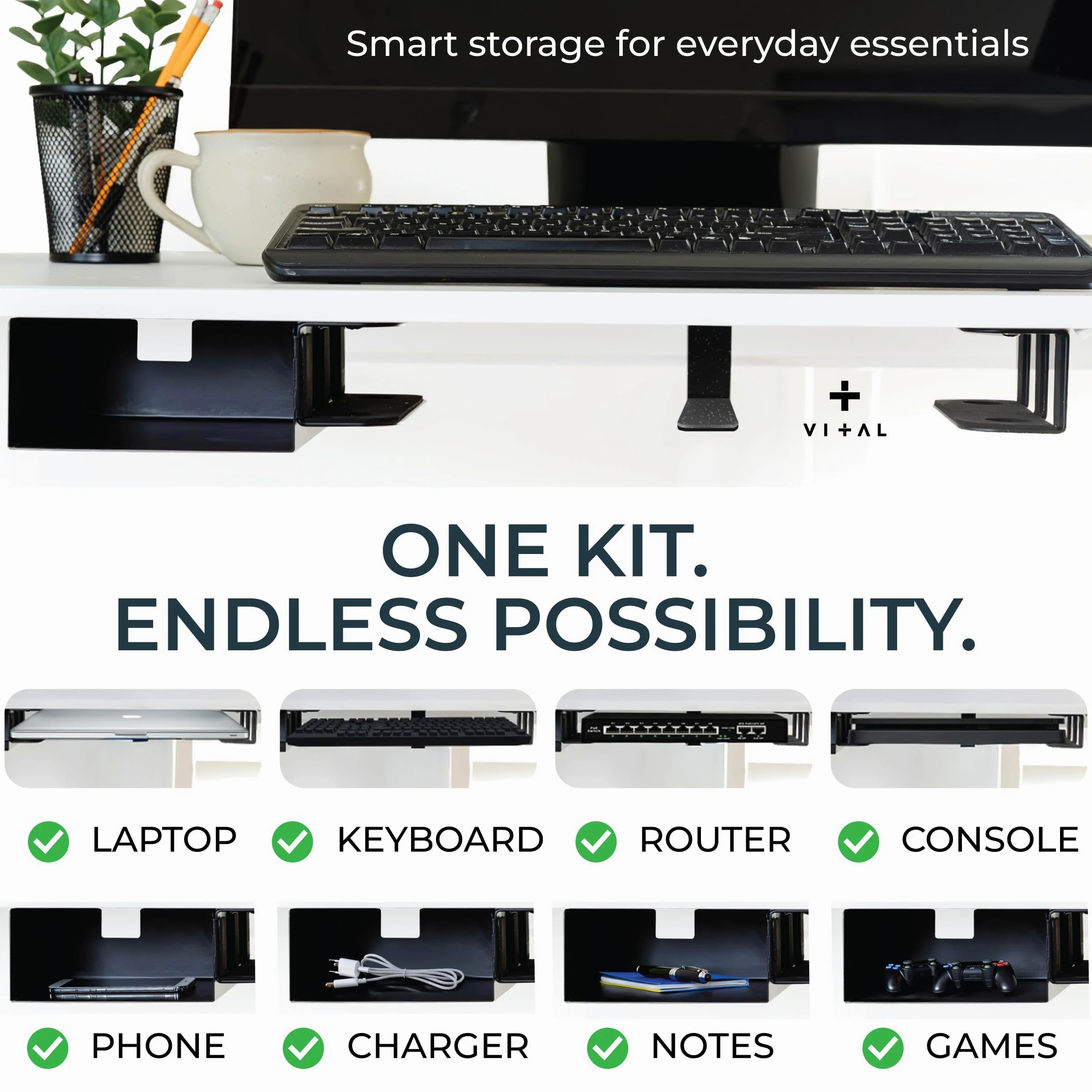 VI+AL Supporto da scrivania per computer portatile, ripiano nascosto in metallo con spazio laterale, si installa con nastro e viti, adatto a dispositivi fino a 4,3 cm di spessore, standard (senza
