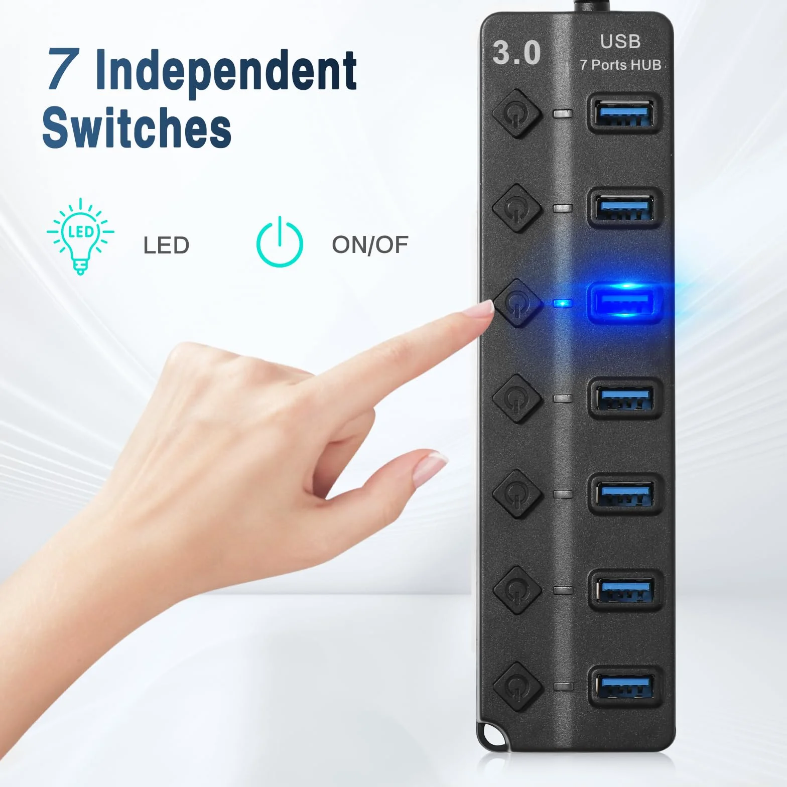 Hoppac Hub USB Multipresa a 7 Porte (1 USB 3.0 6USB 2.0) con Interruttori Indipendenti, Spie LED e Cavo da 1m - Ciabatta USB Multi Porte Plug & Play per PC, Laptop