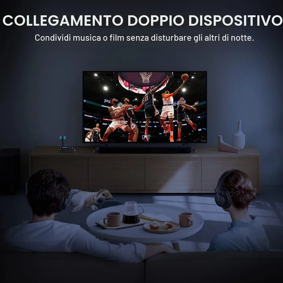 Trasmettitore Ricevitore Bluetooth 3-in-1 Adattatore Audio Bluetooth 5.3 per 2 Cuffie con Cavi Bypass Aux/Ottico/RCA ON/off Automatico LCD Display Controllo Volume per TV Stereo Casa PC