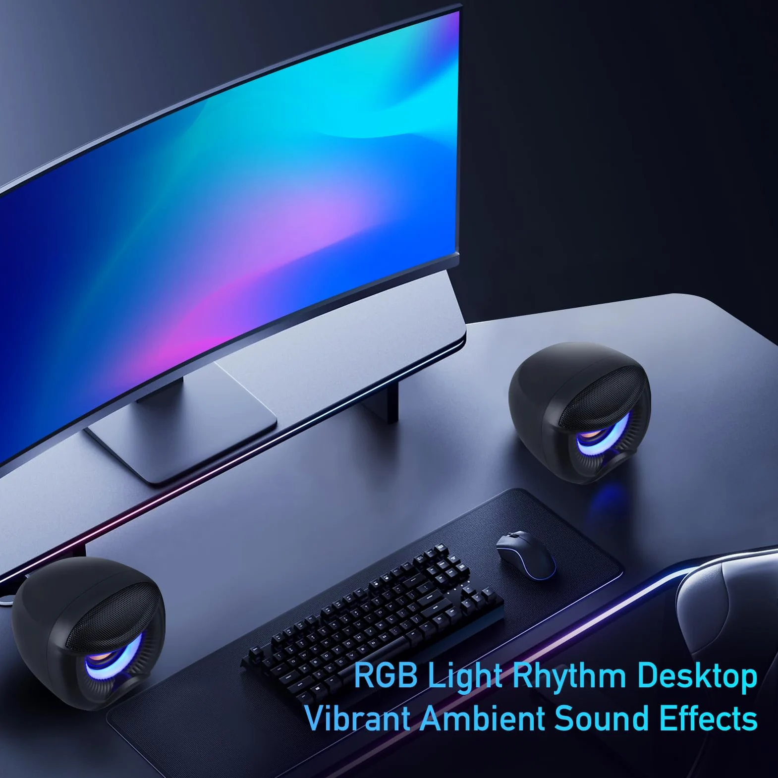 Elimavi Mini altoparlanti per computer alimentati tramite USB con illuminazione RGB blu 2.0, jack per cuffie stereo Plug and Play, compatibili con desktop, laptop (adattatore USB-C incluso)