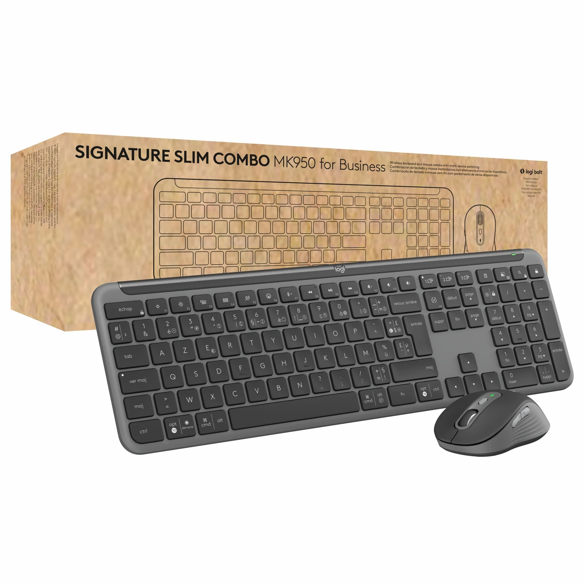 Logitech Signature Slim MK950 for Business, kit tastiera e mouse wireless, digitazione discreta, ricevitore sicuro, certificazione globale, Windows/Mac/Chrome/Linux, Layout ITA QWERTY, Grafite