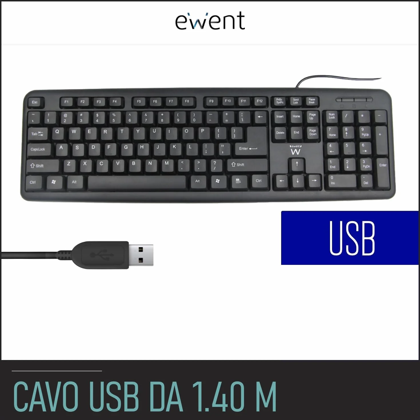 Ewent Tastiera Professionale USB Cablata, Layout Italiano QWERTY, Tastiera con filo per PC/Notebook/Laptop, Mac/Windows, nera