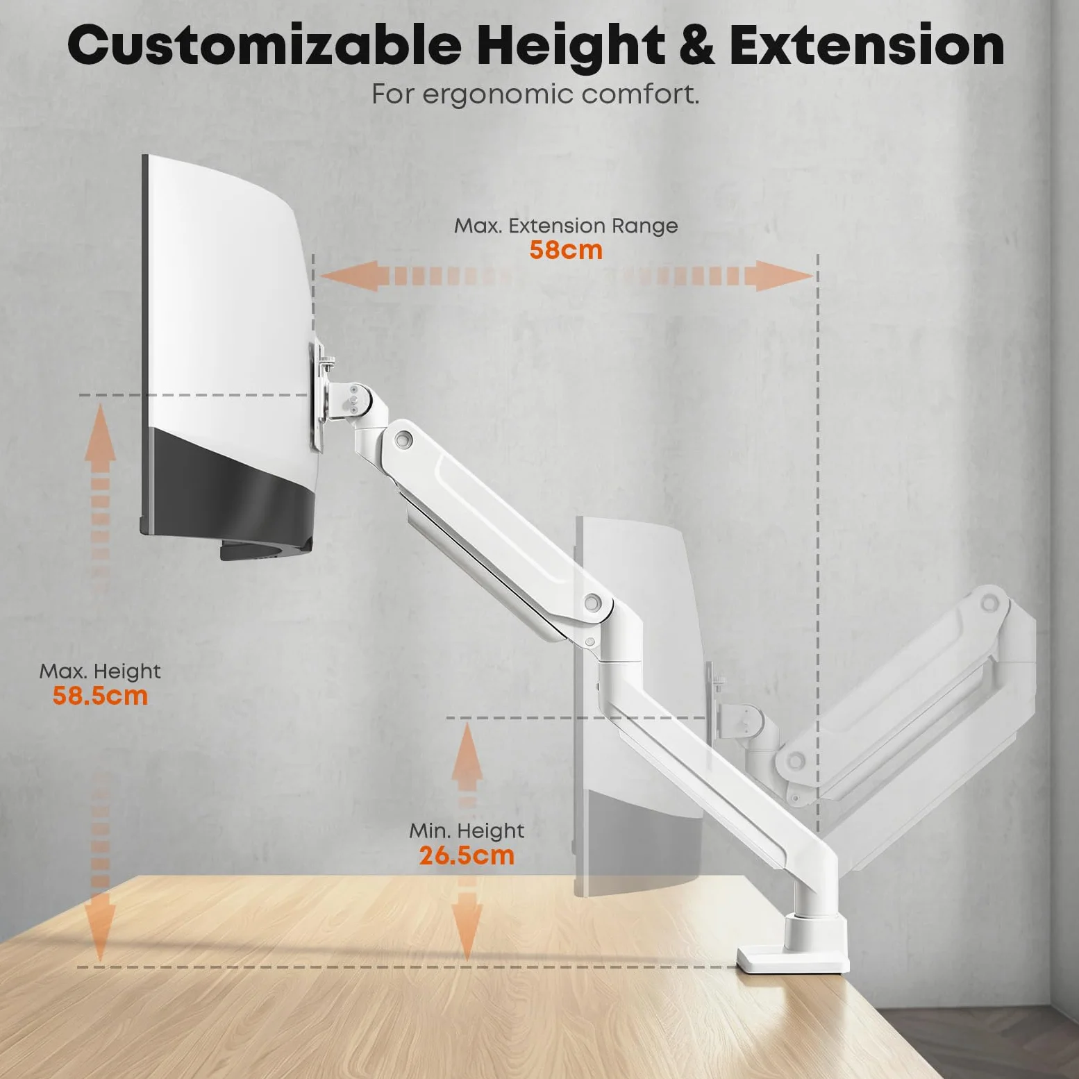 PUTORSEN Supporto per monitor a molla a gas per schermo di computer da 17-49 pollici, altezza regolabile, VESA 75x75/100x100, peso 2-20 kg, nero