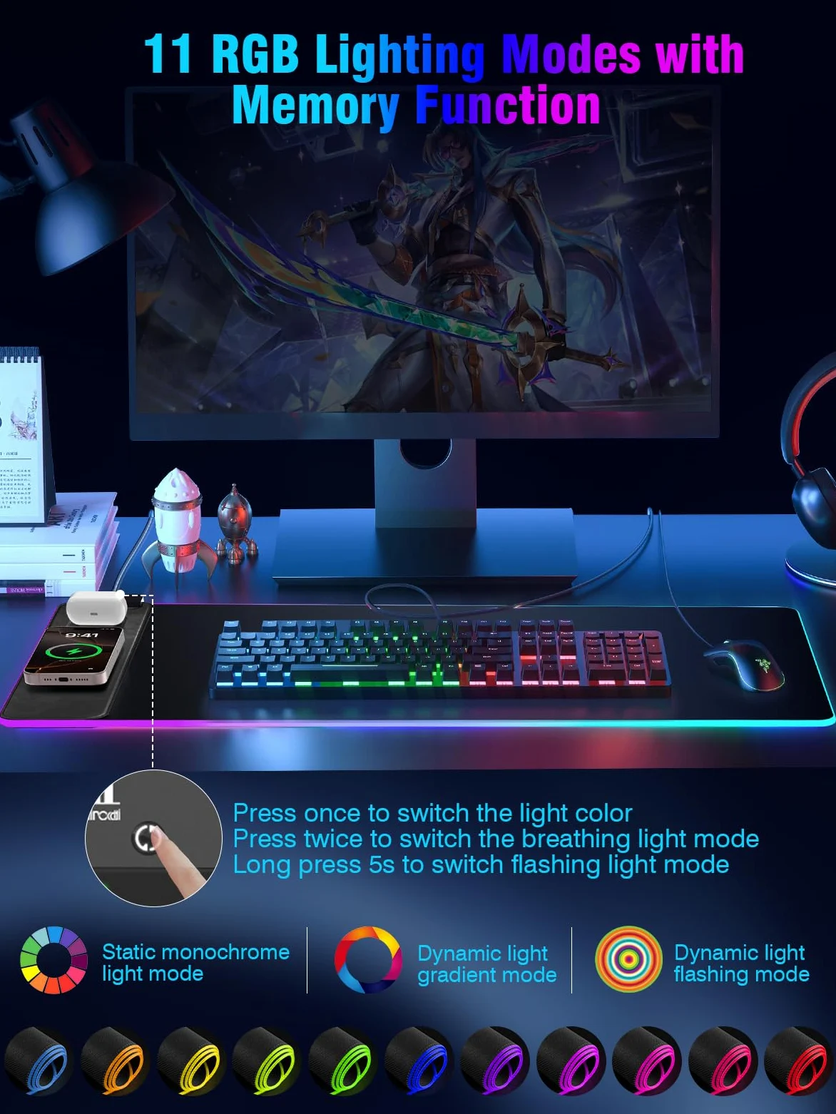 Tappetino per mouse con ricarica wireless magnetica, grande protezione per tappetino da scrivania, tappetino da scrivania nero RGB con caricabatterie rapido da 15 W, tappetino per mouse antiscivolo