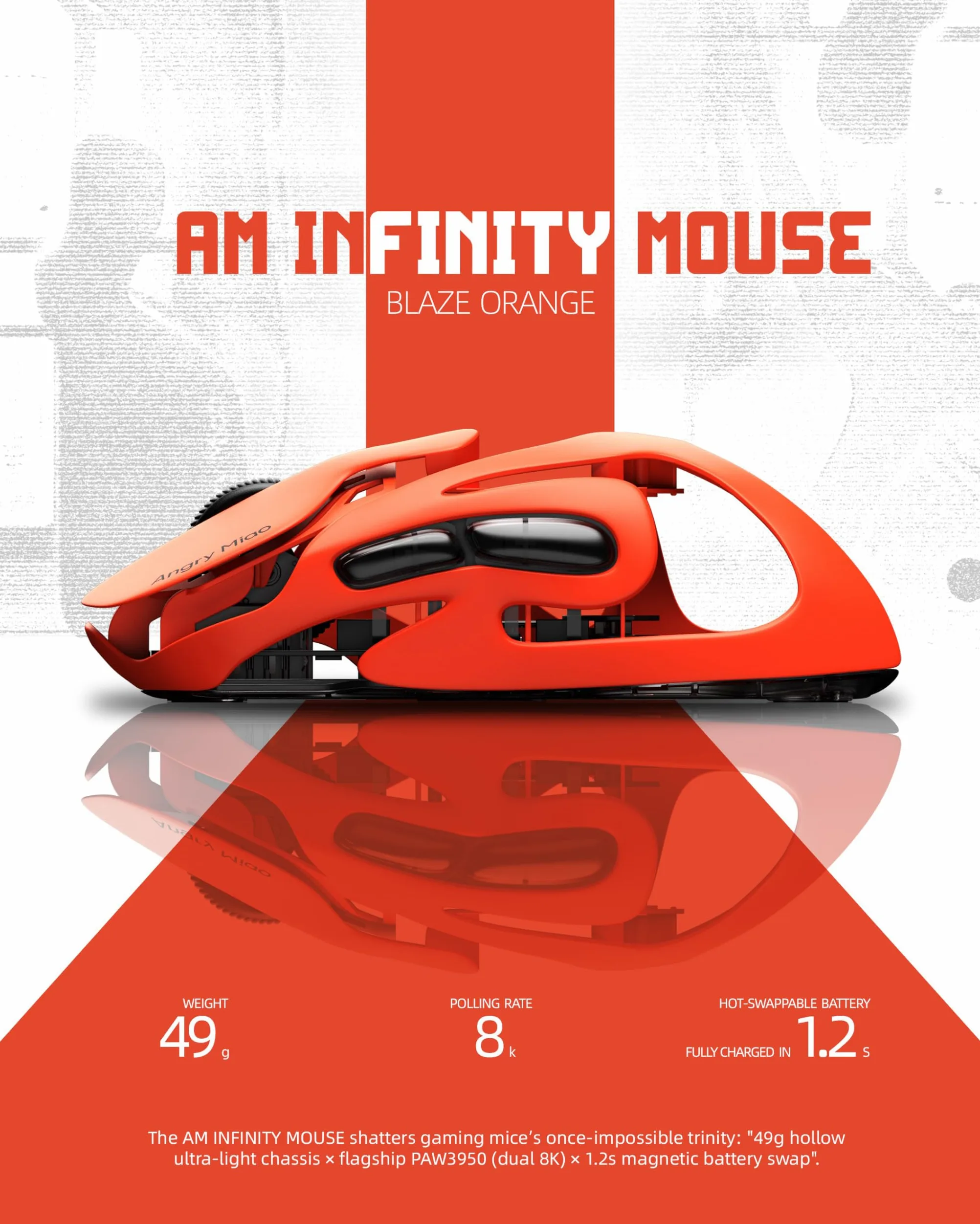AM Infinity Gaming Mouse wireless - Arancione Blaze, design in metallo ultraleggero da 49 g, sensore PAW3950 da 30000 DPI, doppio polling 8K, batteria sostituibile a caldo, mouse da gioco Tri-Mode