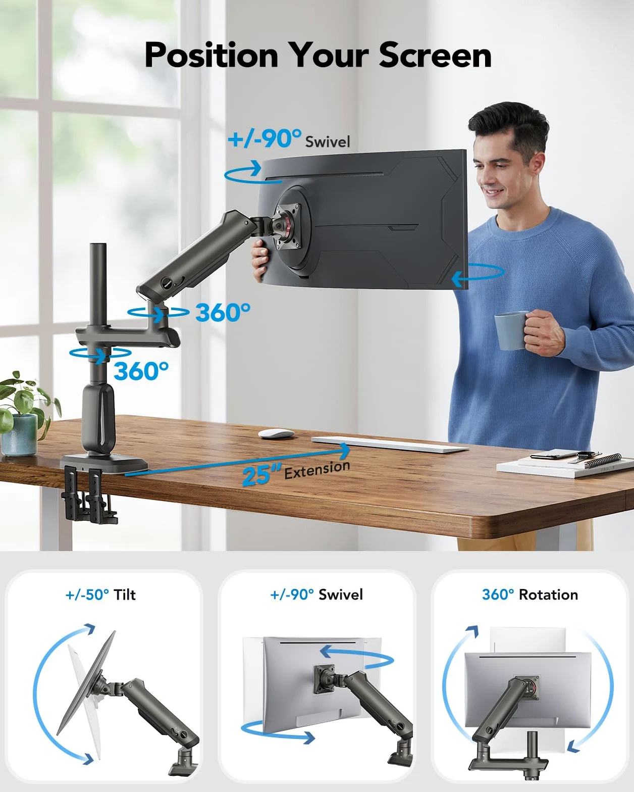 HUANUO Braccio per monitor ad alta resistenza per schermi ultrawide da 49 pollici, supporta 18 kg, supporto per monitor da gioco regolabile con altezza massima di 739 mm, VESA 75x75 100x100
