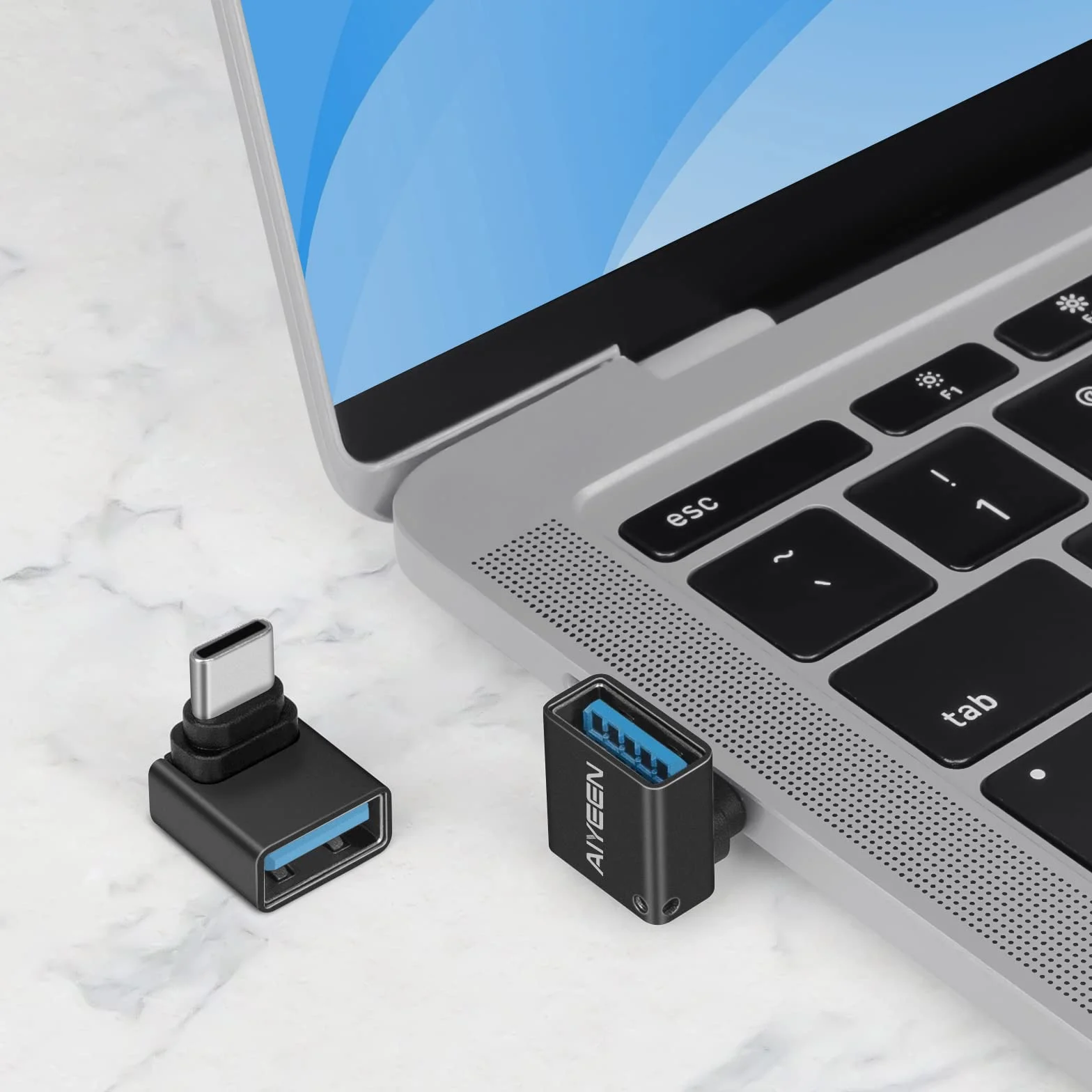 Adattatore USB C a USB (Confezione da 2), Convertitore OTG da Maschio USBC a Femmina USB 3.0 a 90 Gradi Compatibile con MacBook Pro 2019/2018, Samsung e altri Dispositivi USB-C, Nero