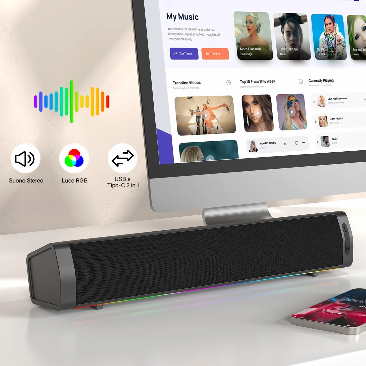 ZETIY Altoparlante PC, alimentato tramite USB, altoparlante da gioco, soundbar per PC, laptop, desktop, monitor