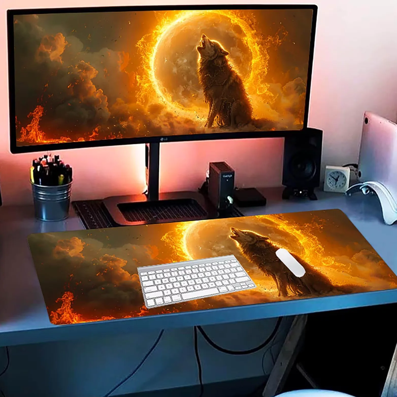 Tappetino Mouse XXL 1500 x 800 mm, Tappetino Mouse Lupo, Gaming Mousepad Migliorare la Velocità e la Precisione, Mouse Pad con Base in Gomma Antiscivolo, Ufficio Accessori Gaming, Grigio C-8714