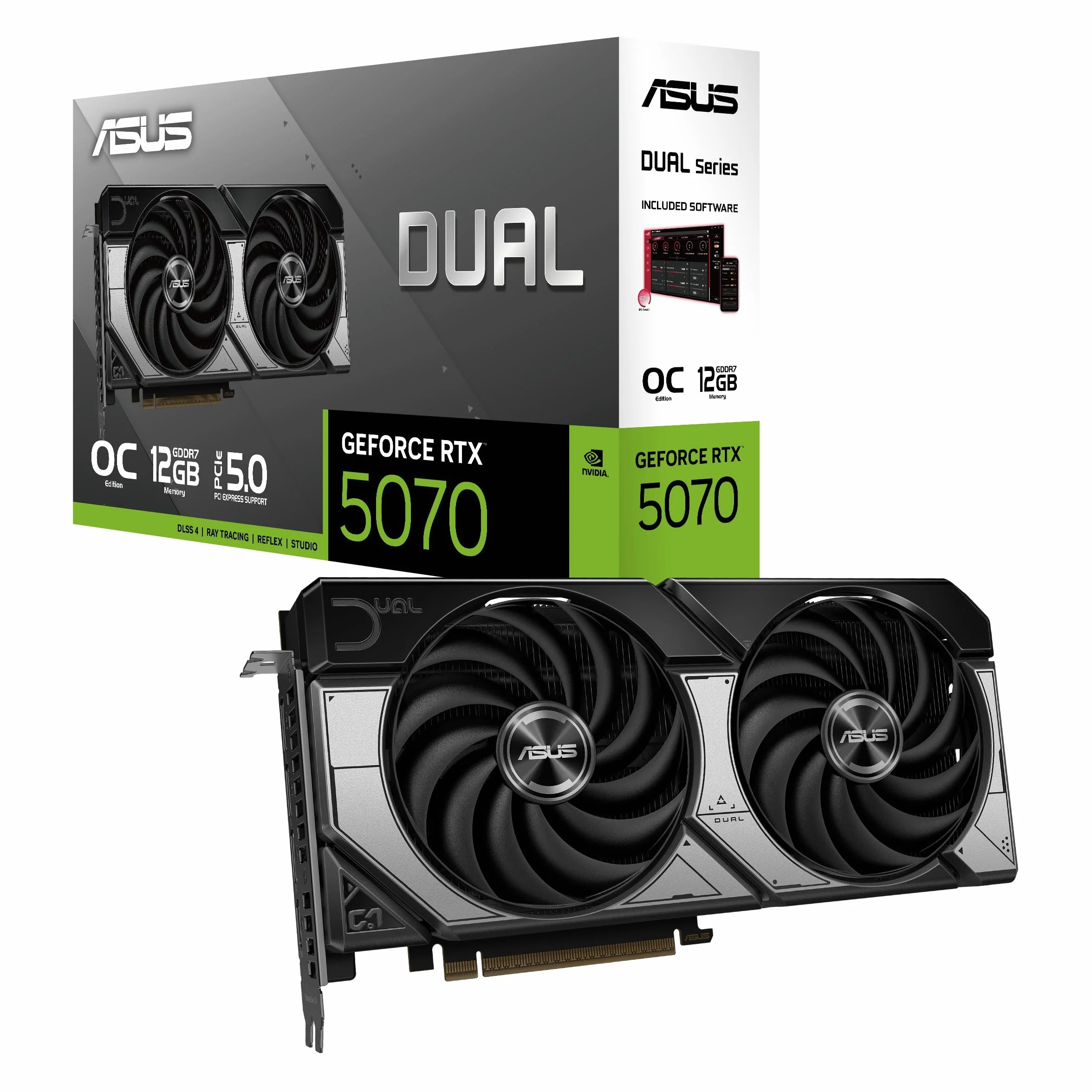 ASUS Dual NVIDIA GeForce RTX 5070 OC Edition, Scheda Grafica da 12 GB GDDR7, 192 Bit, PCIe 5.0, 2 Ventole Axial-Tech, 1 HDMI 2.1, 3 DisplayPort 2,1, GPU Tweak III, Bianco, DUAL-RTX5070-O12G