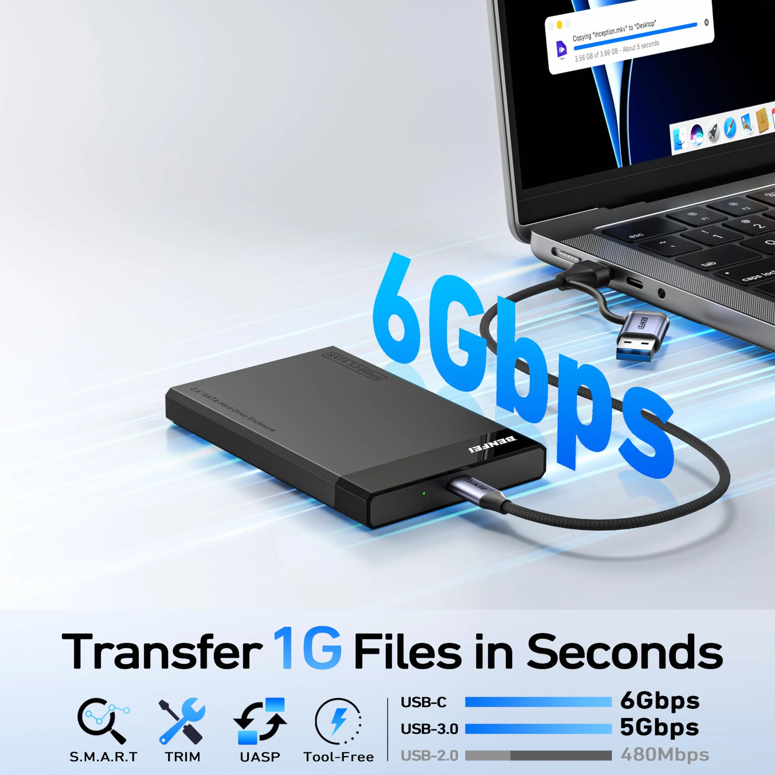 BENFEI Custodia per disco rigido esterno da 2,5 pollici da SATA a USB senza attrezzi (6Gbps, ottimizzata per SSD, supporto UASP SATA III)