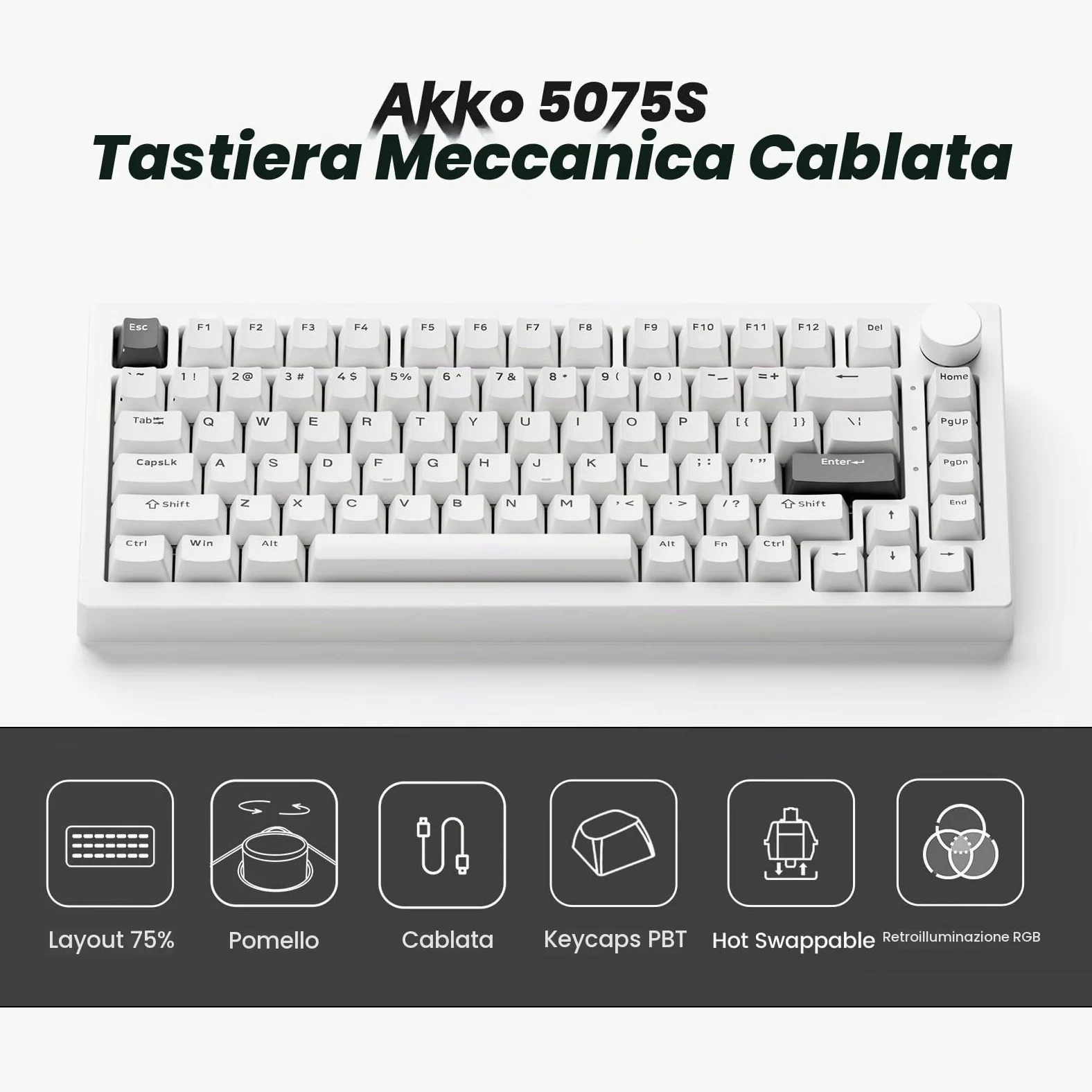 Akko 5075 V3 Tastiera Meccanica 75% Gasket RGB Hot Swap | Layout QWERTY, RGB Programmabile, Switch Frost Pink per Build Custom, Ufficio e Gaming (Nero su Bianco)