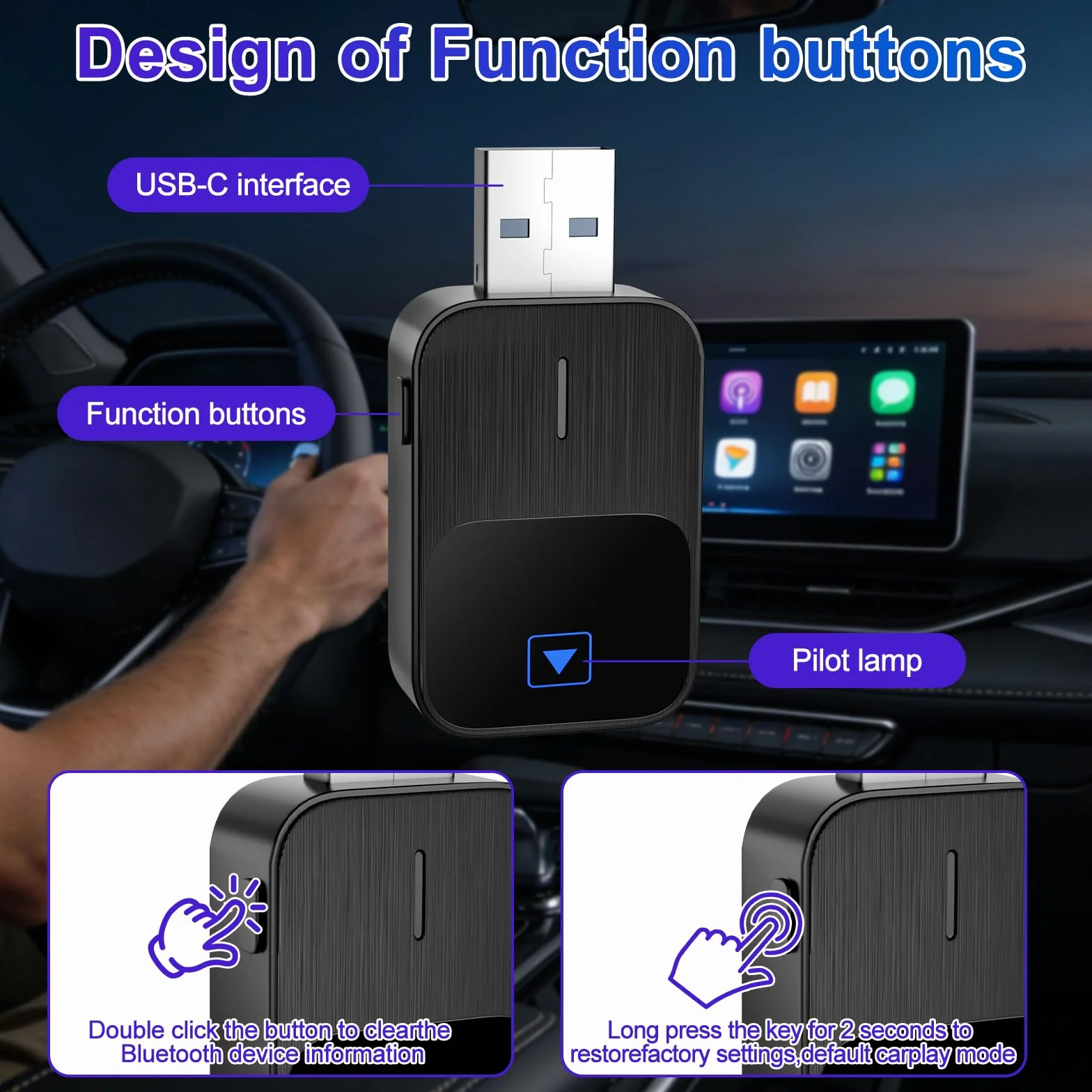 Mineup Adapter Wireless Android CarPlay, 2 in 1 Chiavetta per Convertire Cablato in Wireless, Supporta iOS 10+ e Android 11+