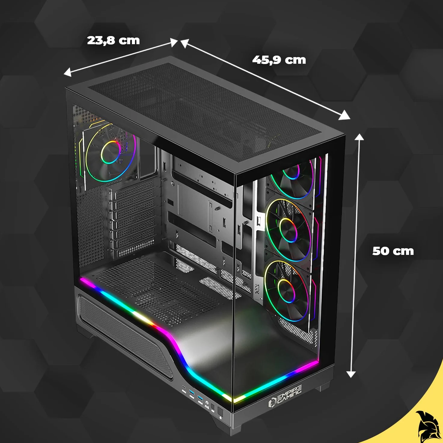 EMPIRE GAMING EC259 - Case PC Gaming Mid Tower spazioso ATX/mATX/ITX, Doppio Vetro Temperato Panoramico, ARGB Integrata (Striscia LED + 4 Ventole 120 mm + HUB PWM), GPU XXL 440 mm, AIO 360 mm, USB-C