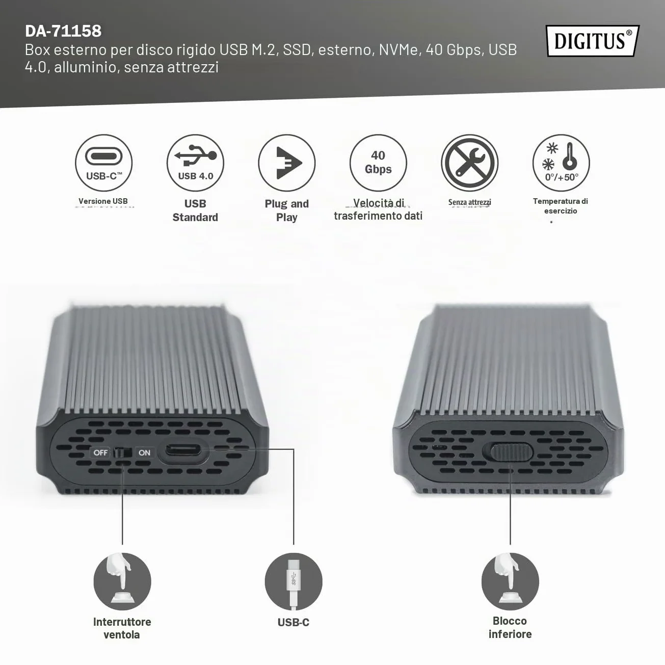 Custodia Per Disco Rigido Digitus Usb M.2, Ssd, Esterna, Nvme, 40 Gbps, Usb 4.0, Alluminio, Senza Attrezzi