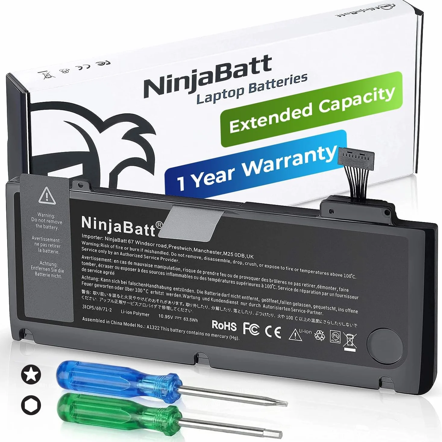 NinjaBatt A1322 A1278 Batteria per Apple MacBook Pro 13" [Metà 2012 2010 2009 Presto 2011 Tardi 2011] - Alta Capacità [63,5Wh/10,95v]