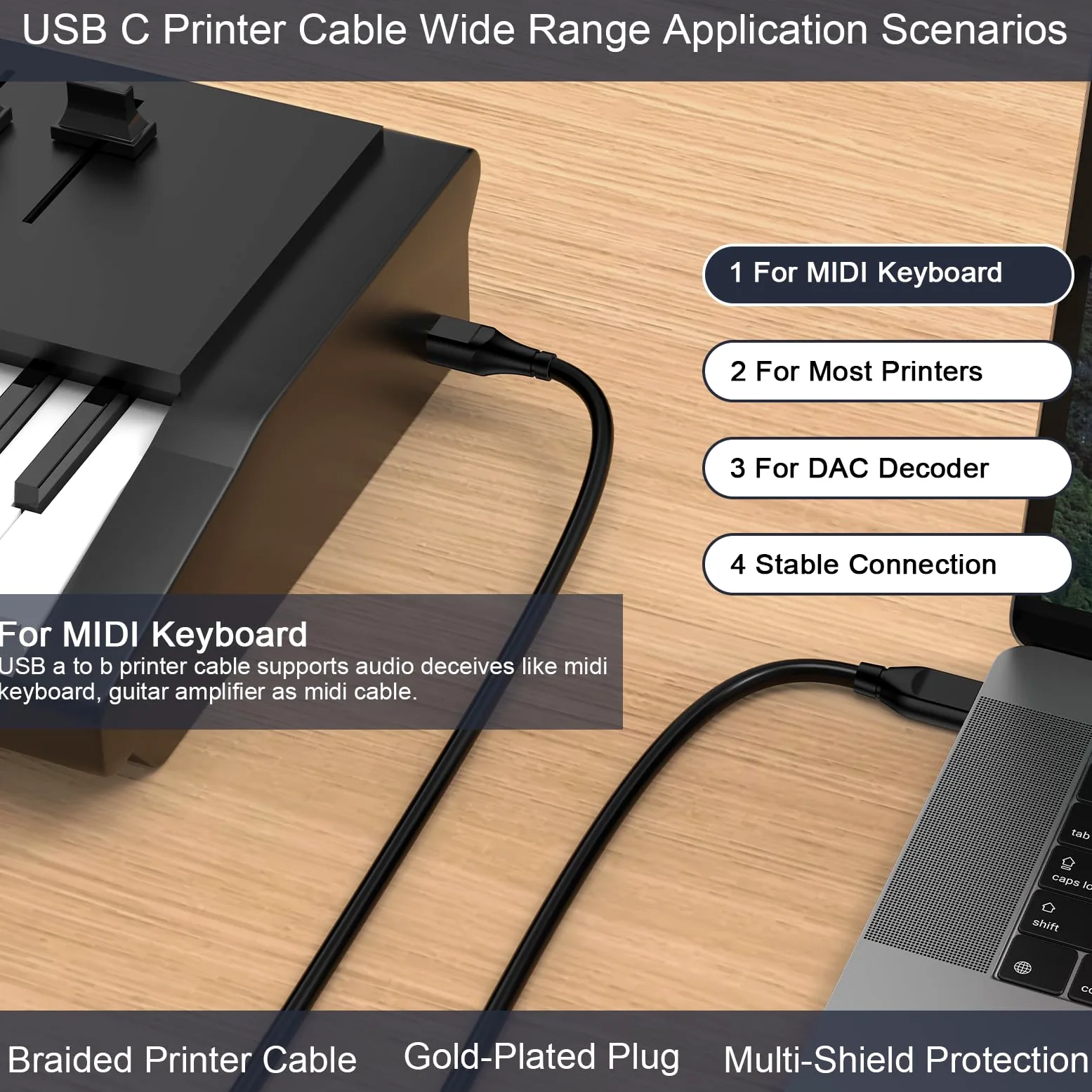 Cavo USB C per stampante, lungo 3,1 m, da USB B a USB C, per stampante e scanner per computer MacBook Pro/Air, iPad Pro/Air, HP, Epson, Canon, Brother, cavo MIDI per pianoforte digitale, tastiera MIDI